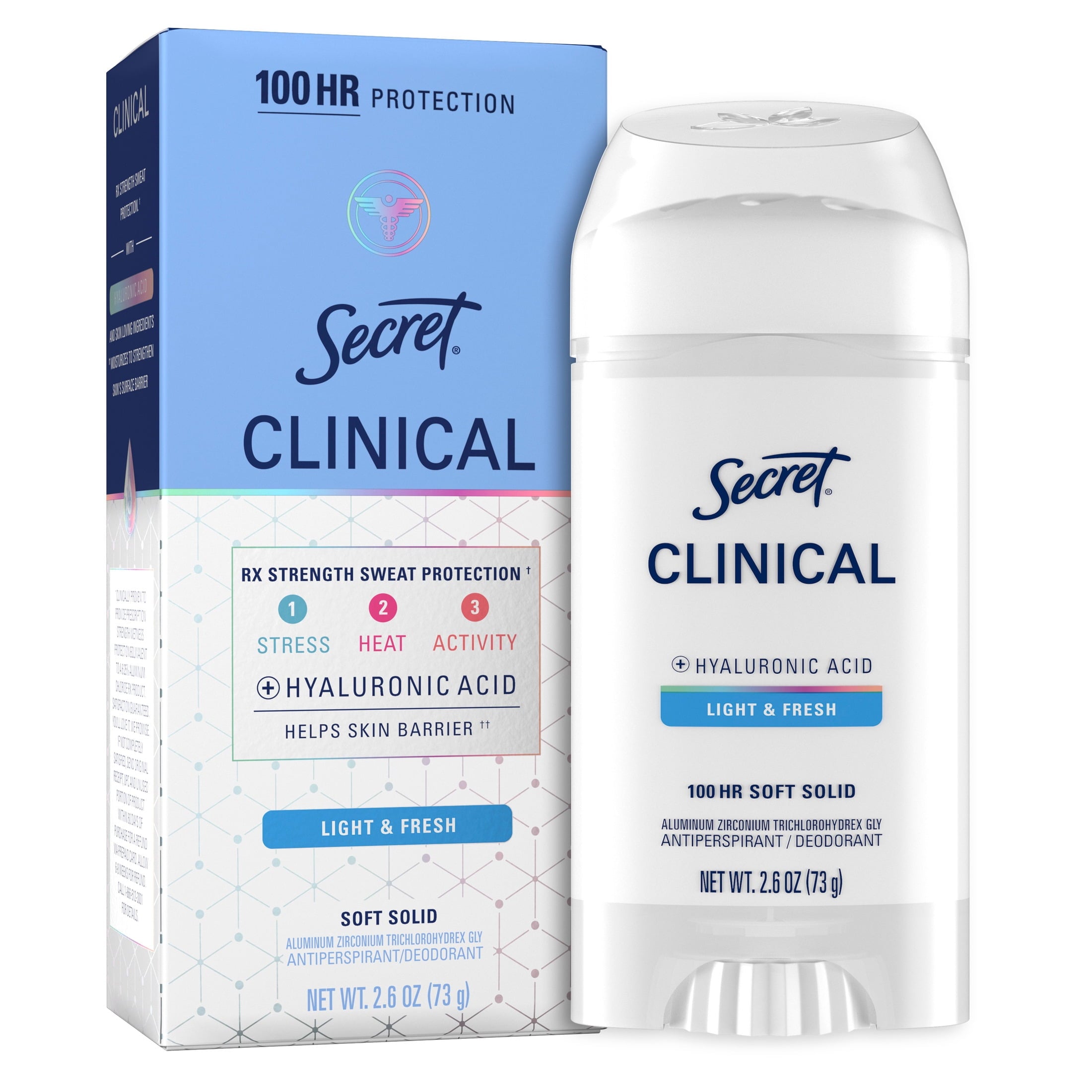 Clinical Antiperspirant Deodorant for Women, 100HR Sweat &amp; Odor Protection, Hyaluronic Acid, Soft Solid, Active Fresh, 2.6 oz