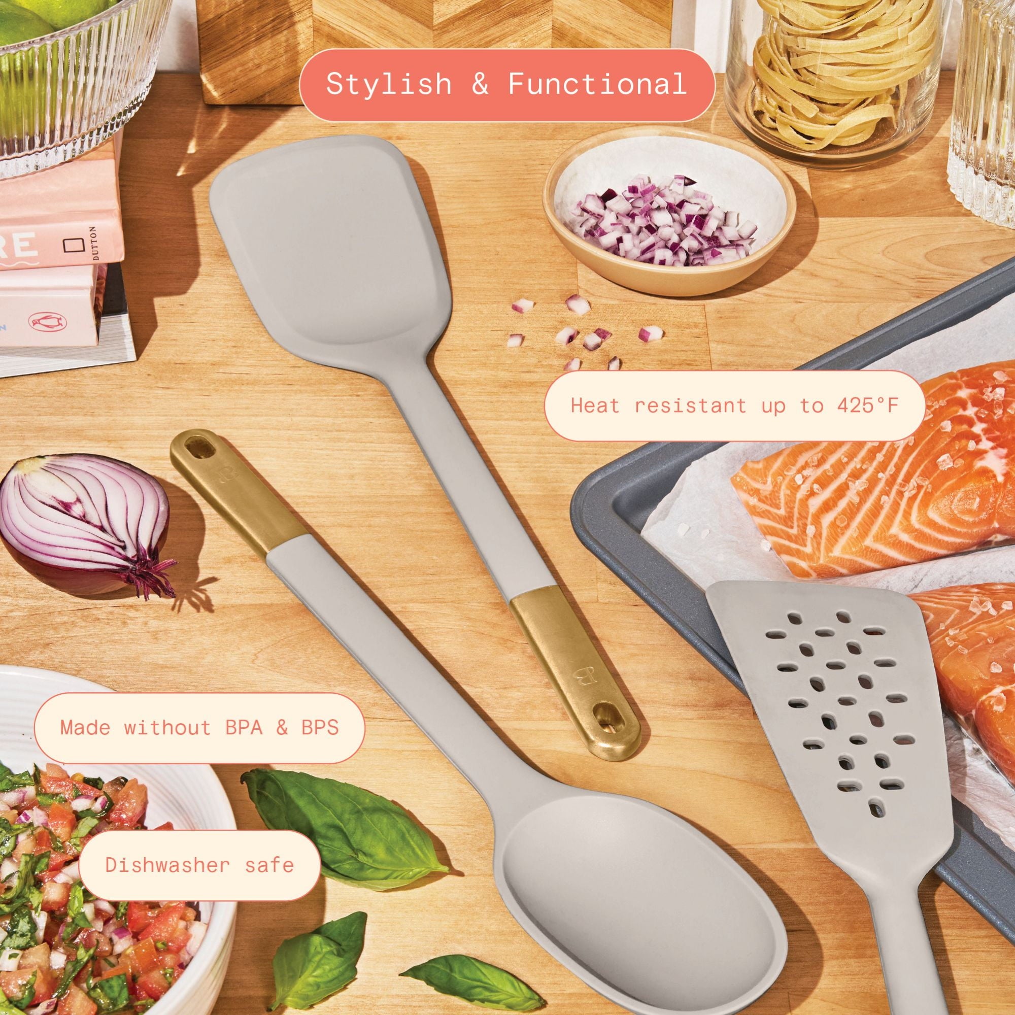 3-Piece Silicone Kitchen Utensil Tool Set, Porcini Taupe by Drew Barrymore