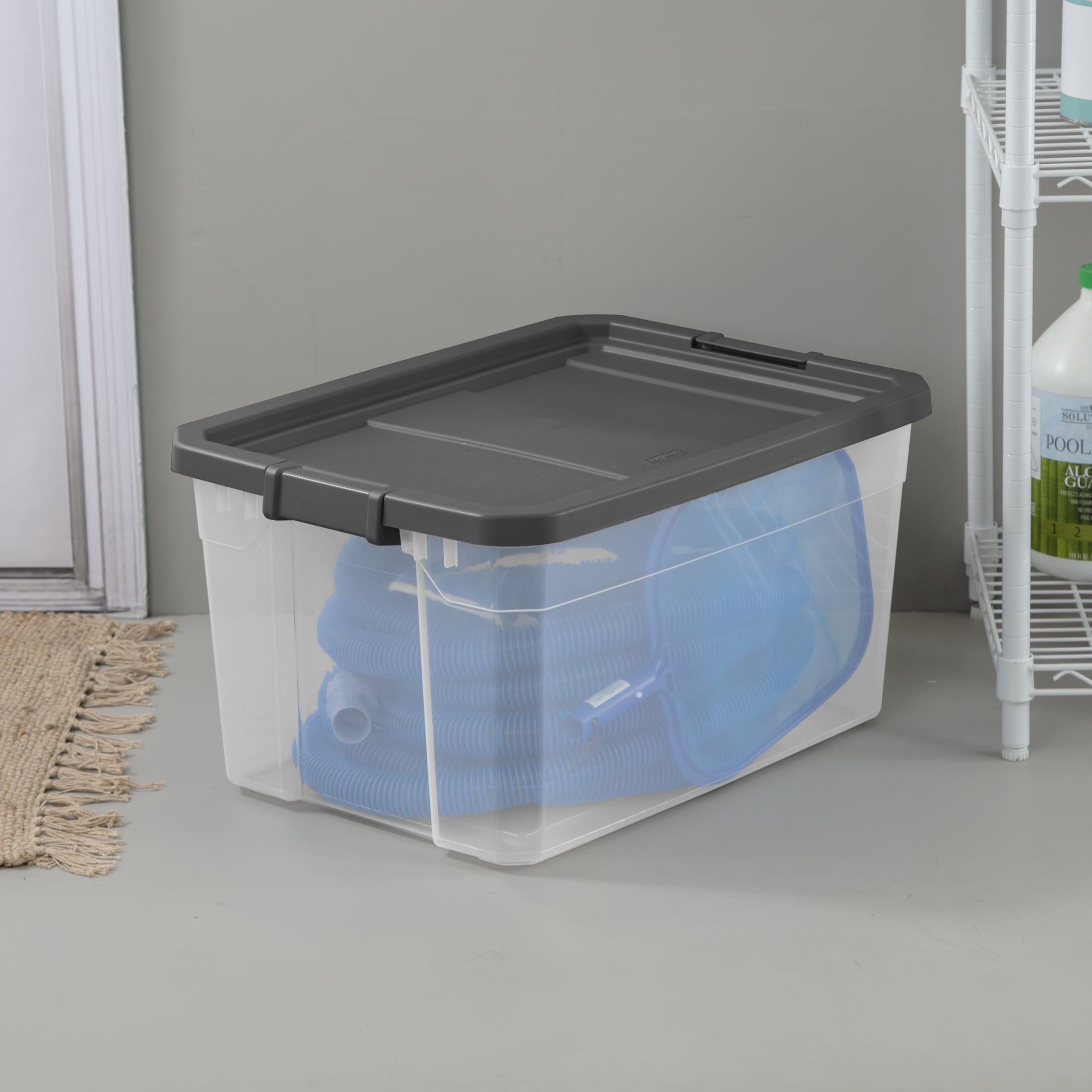 76 Quart Stacker Storage Bin, Clear Plastic Storage Container with Latch Lid, , Dark Gray