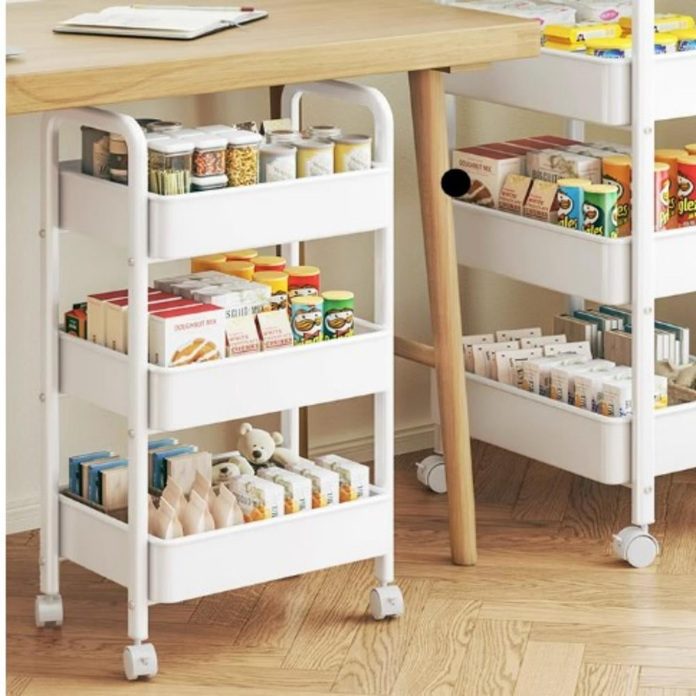 3-Tier Metal Rolling Storage Cart Shelves Rolling Utility Cart Organizer Cart Movable Storage Organizer Bathroom Kitchen Office Workshop White