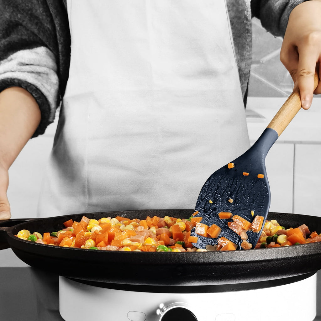 Silicone Cooking Utensils Set - 446°F Silicone Kitchen Utensils for Cooking,Kitchen Utensil Spatula Set w Wooden Handles and Holder, BPA FREE Gadgets for Non-Stick Cookware (Navy Blue)