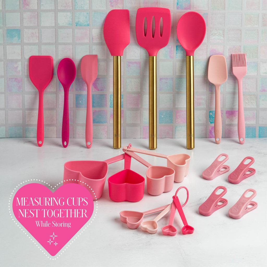 20-Piece Kitchen Gadget Set, Heart-Shaped Measuring Cups &amp; Spoons, Silicone Tools &amp; Bag Clips, , Pink