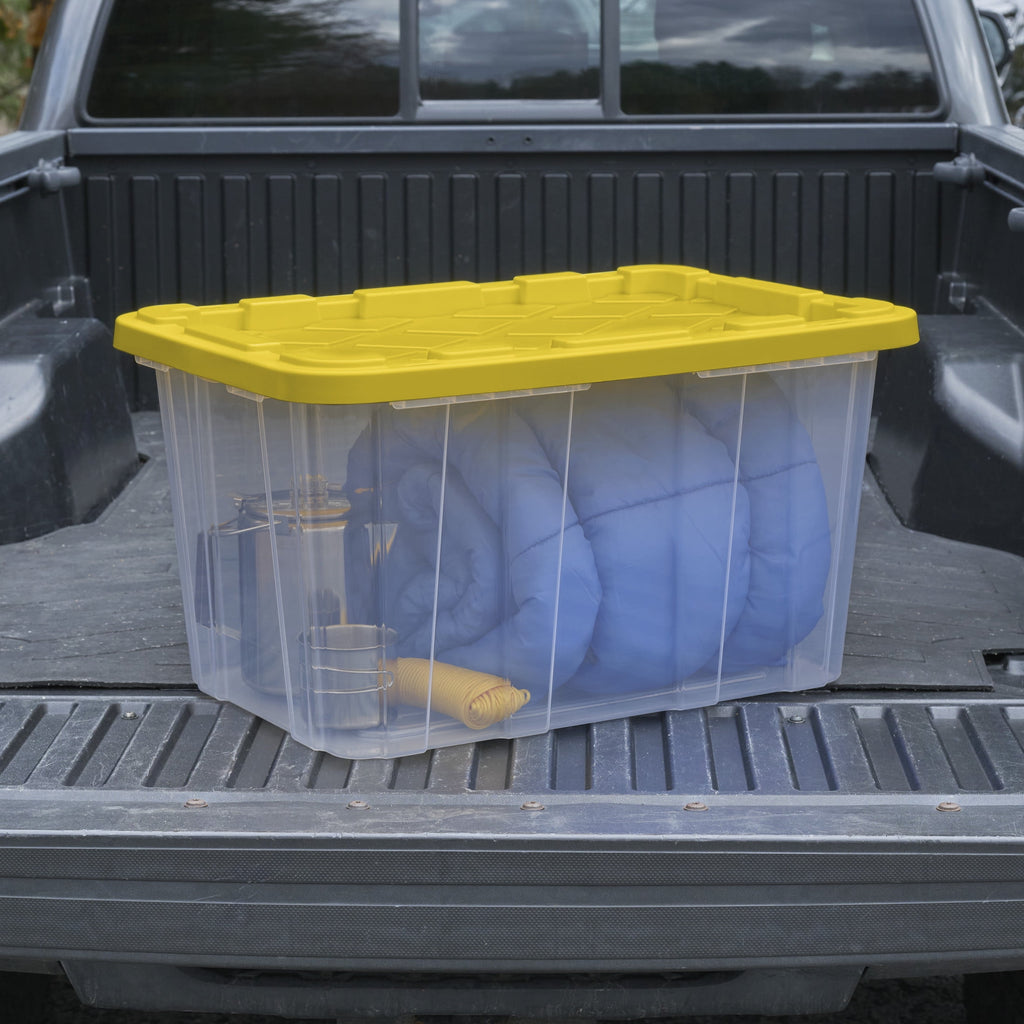 Large Storage Bin, 27 Gallon Plastic Storage Tote with Snap-On Lid, Black and Yellow, 6 Pack