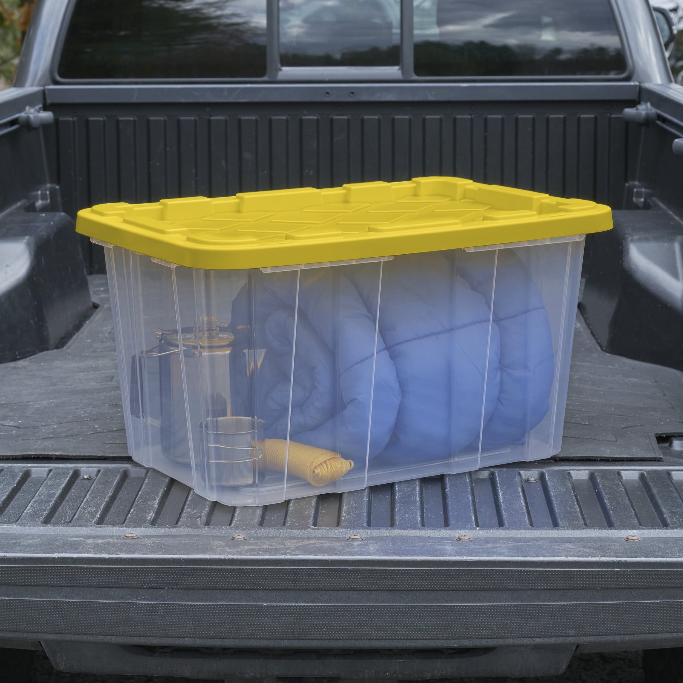 Large Storage Bin, 27 Gallon Plastic Storage Tote with Snap-On Lid, Black and Yellow, 6 Pack