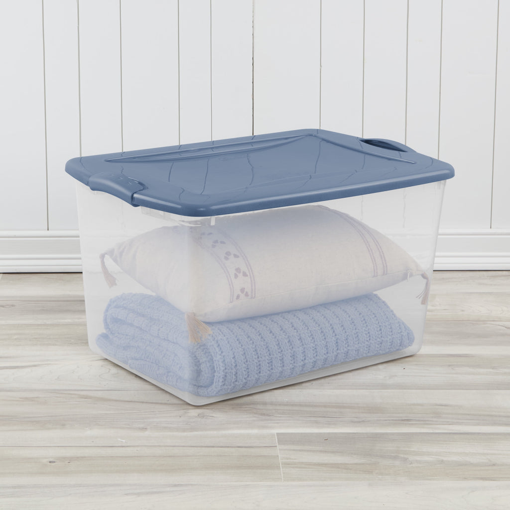 66 Quart Large Latching Storage Bin, Clear Plastic Storage Container with Latch Lid, Blue
