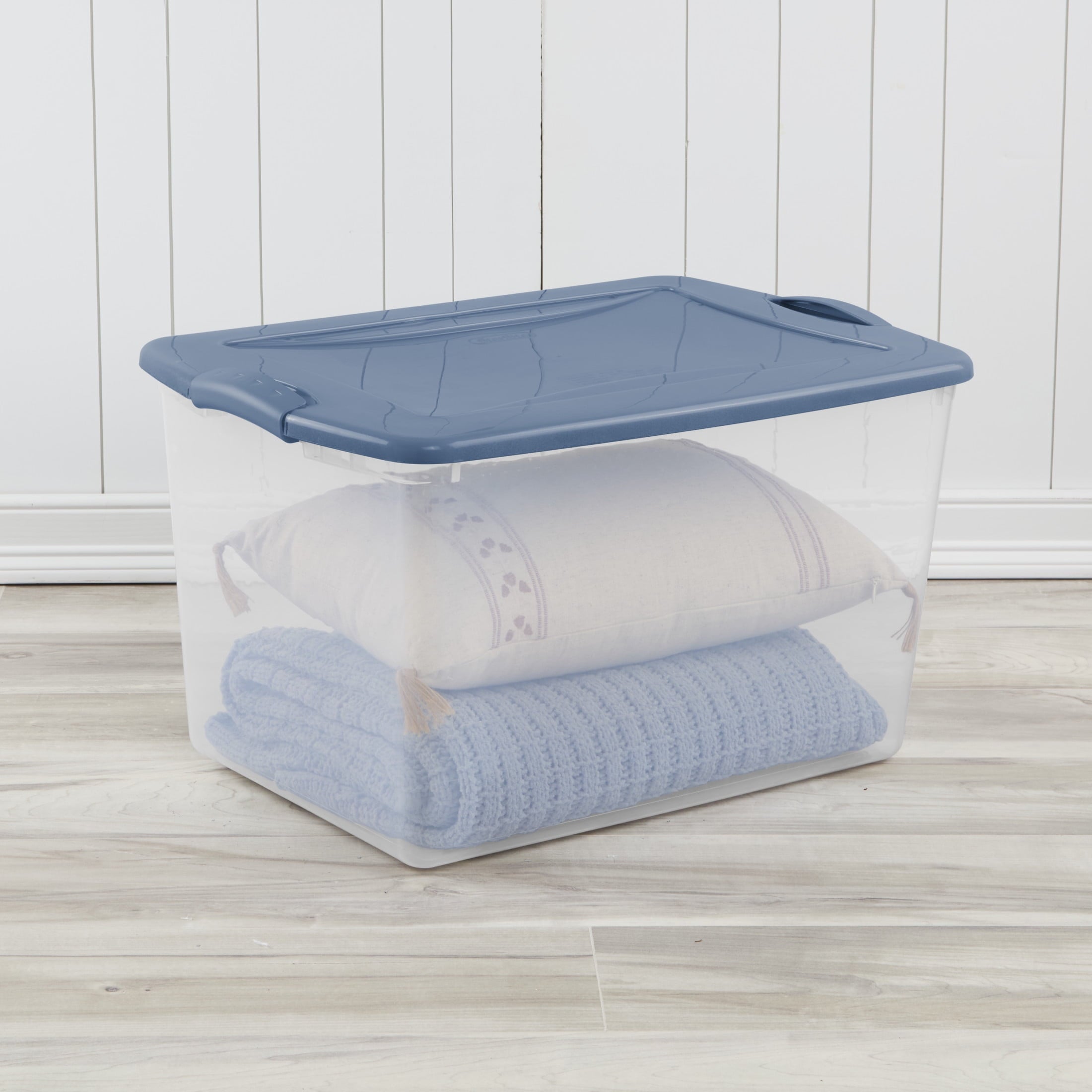 66 Quart Large Latching Storage Bin, Clear Plastic Storage Container with Latch Lid, Blue