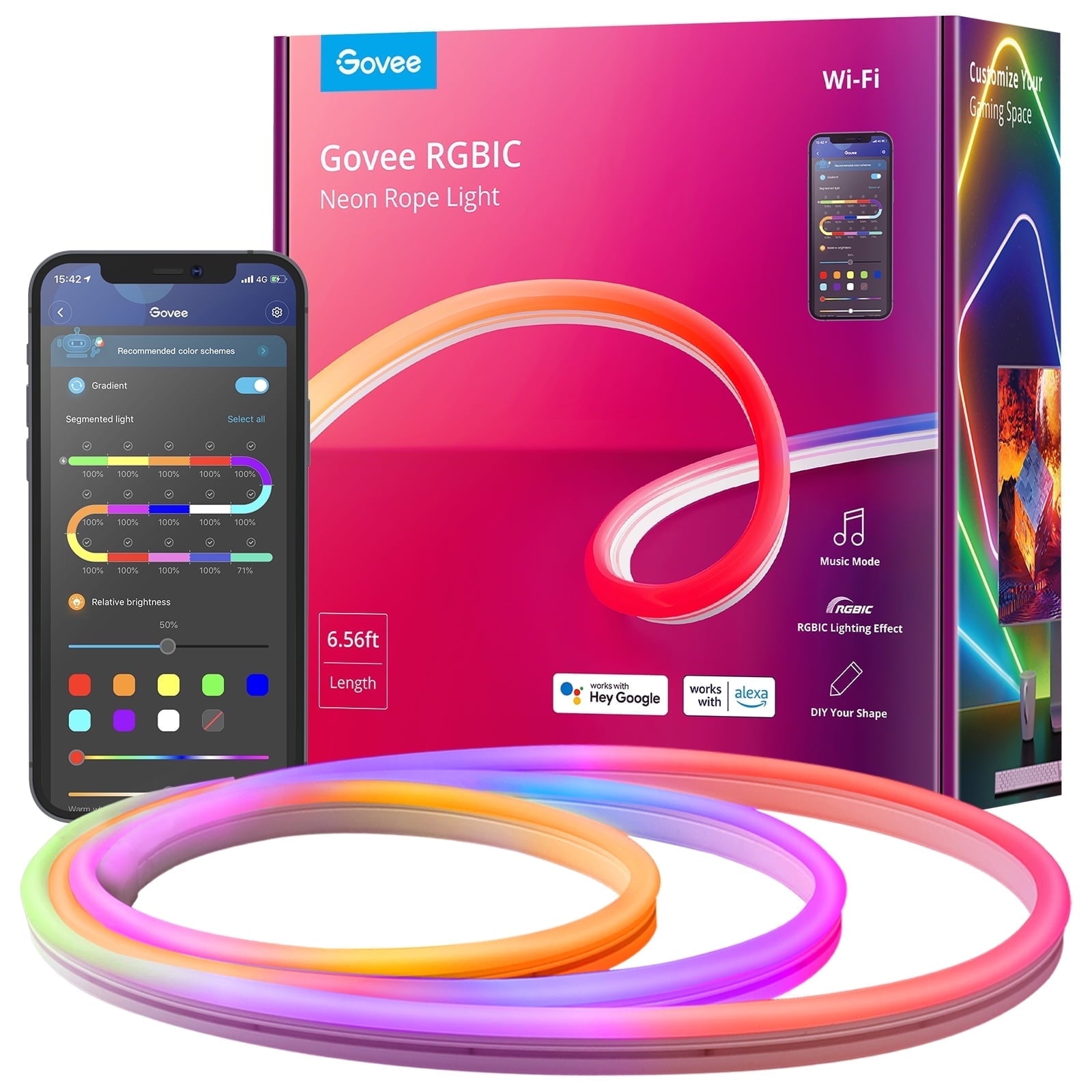 RGBIC Neon Rope LED Light - 64 Scene Modes, 11 Music Modes - 6.5 Ft, Multicolor