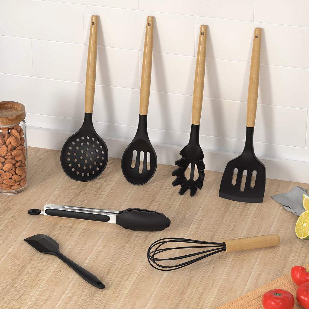 Silicone Cooking Utensils Set - 446°F Silicone Kitchen Utensils for Cooking,Kitchen Utensil Spatula Set w Wooden Handles and Holder, BPA FREE Gadgets for Non-Stick Cookware (Navy Blue)