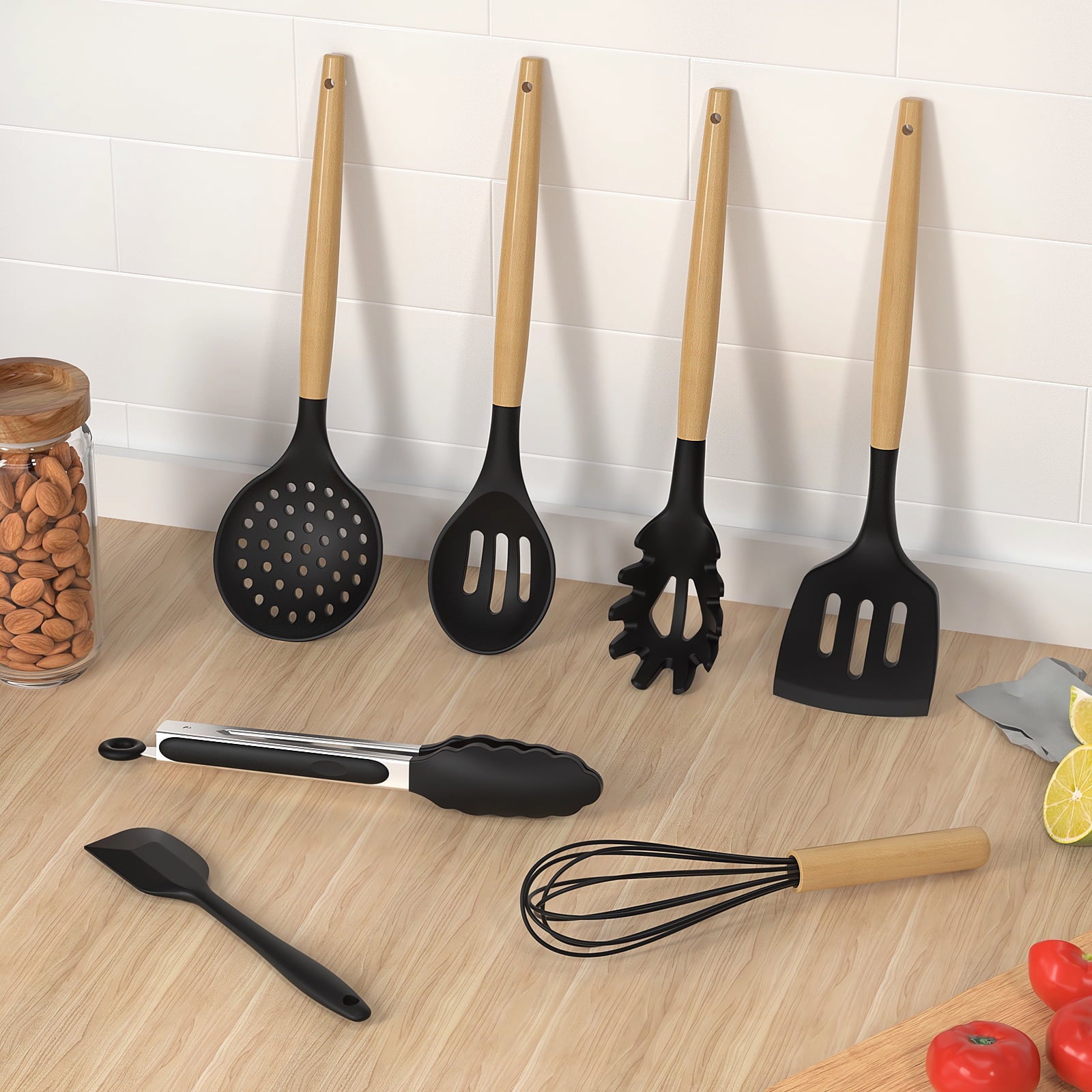 Silicone Cooking Utensils Set - 446°F Silicone Kitchen Utensils for Cooking,Kitchen Utensil Spatula Set w Wooden Handles and Holder, BPA FREE Gadgets for Non-Stick Cookware (Navy Blue)