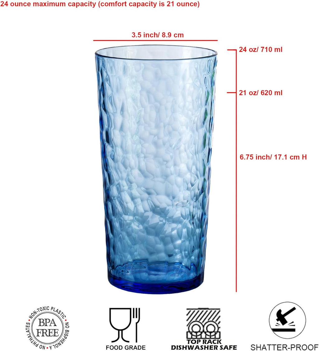 Hammered 24 ounce Plastic Drinking Tumbler Acrylic Glasses, Set of 8 Multicolor