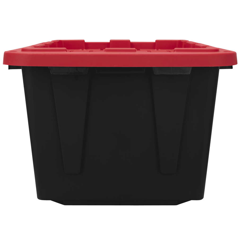 27 Gallon Large Storage Bin with Snap Lid, Black and Red, Heavy Duty Plastic Storage Container