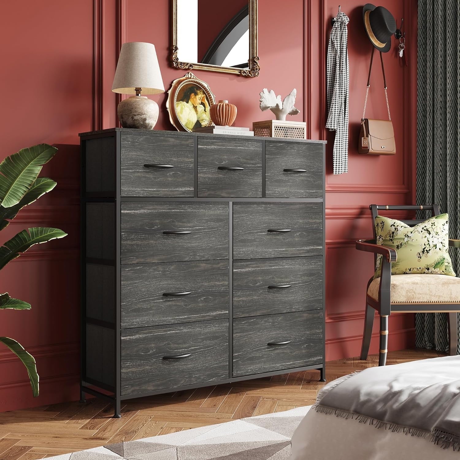Dresser, Storage Organizer with 9 Drawers for Bedroom, Chest of Drawer with Fabric Bin, Sturdy Metal Frame, Wood Top for Closet, Nursery,Black