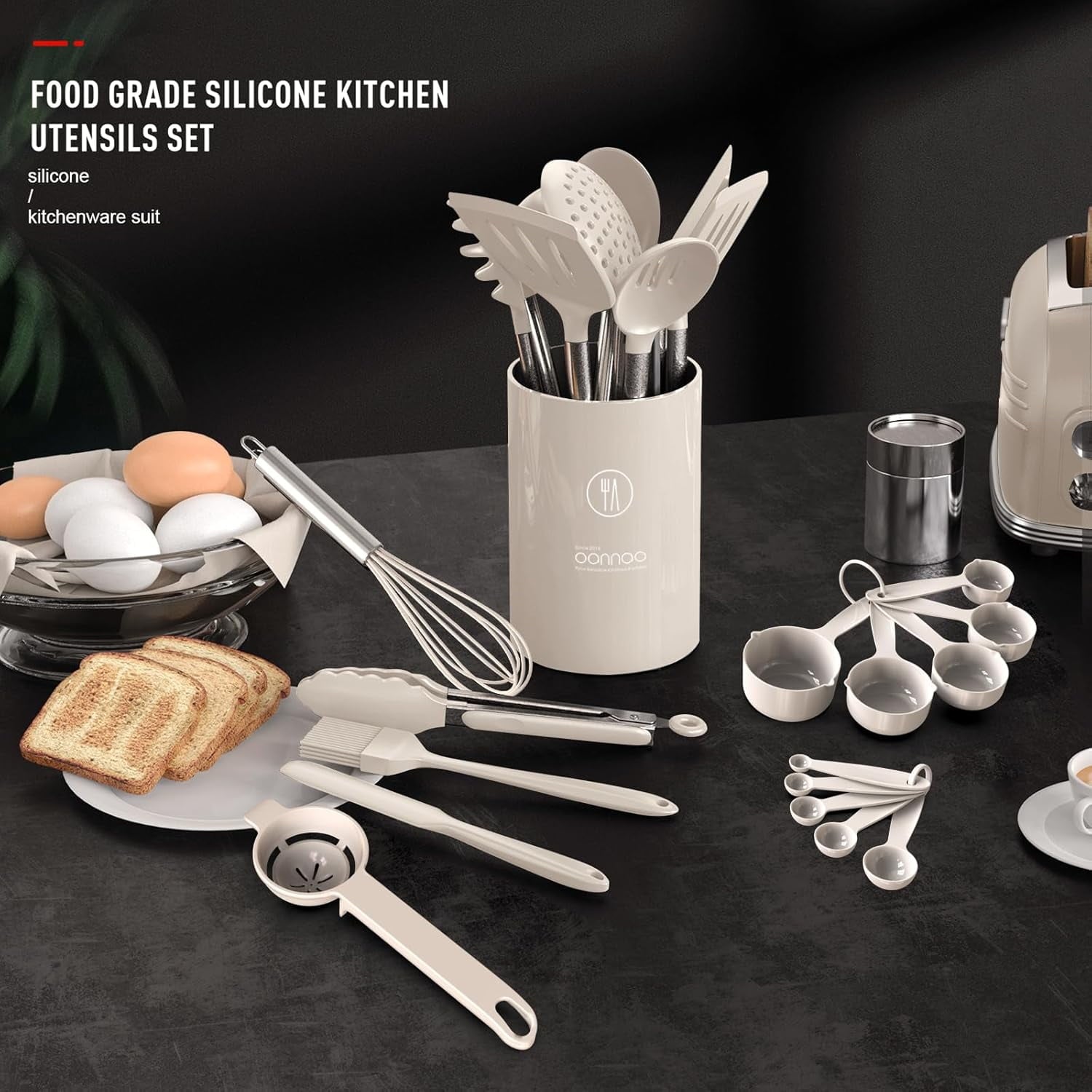 Large Silicone Cooking Utensils Set - Kitchen Utensils,Turner Tongs,Spatula,Spoon,Brush,Whisk,Stainless Steel Silicone Cooking Tool for Nonstick Cookware, (Khaki)