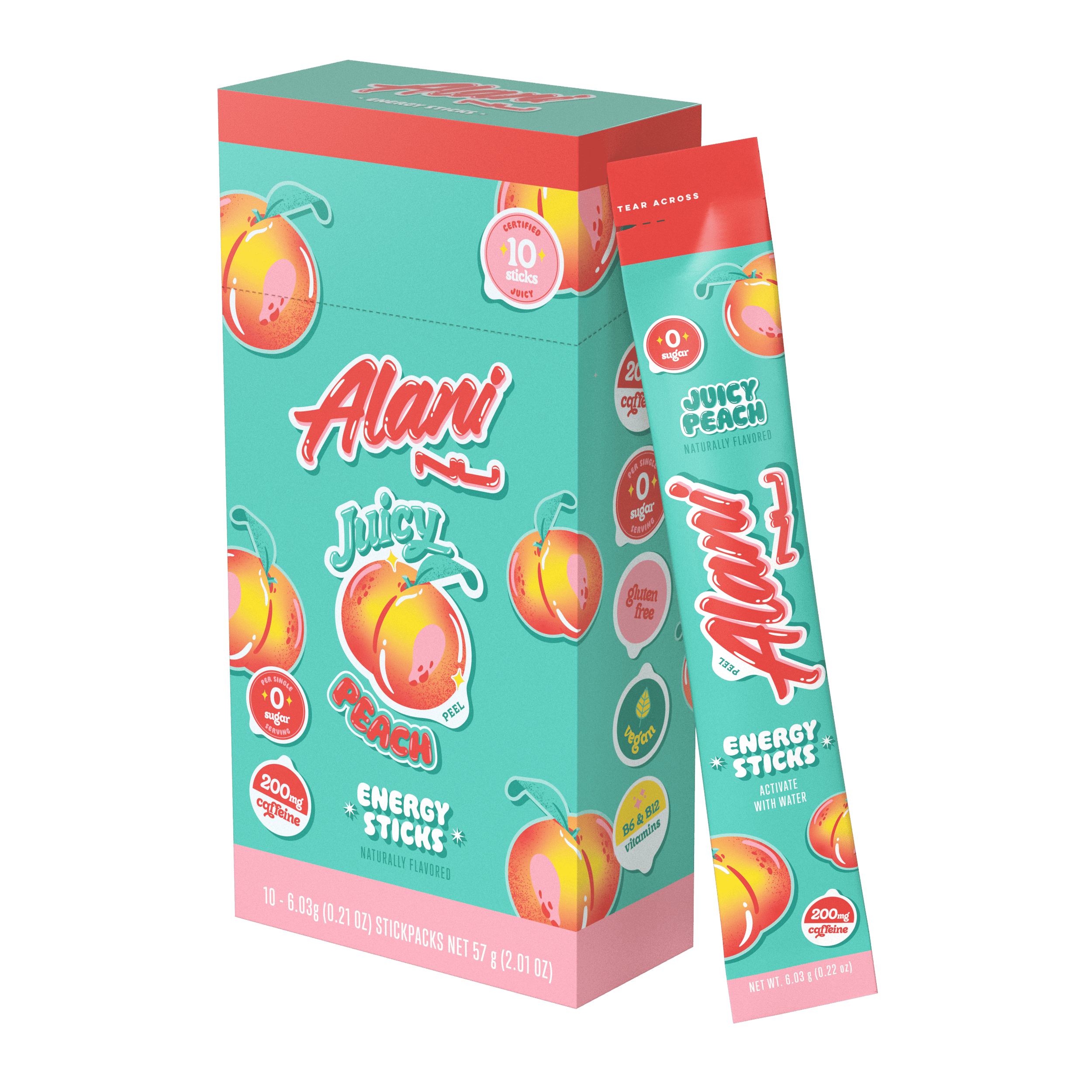 (12 pack) Alani Nu Energy Sticks, Juicy Peach, 10 Count, 200mg Caffeine, Zero Sugar