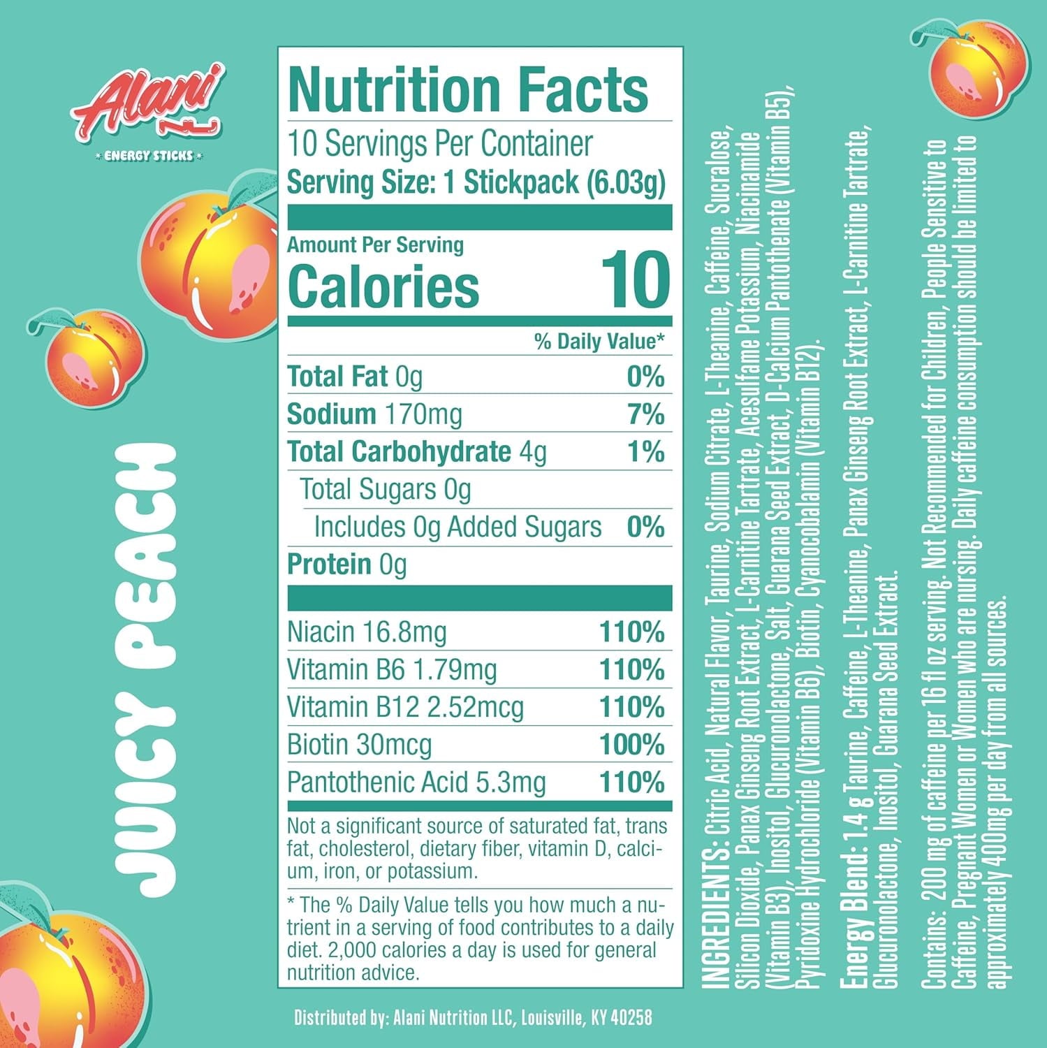 (12 pack) Alani Nu Energy Sticks, Juicy Peach, 10 Count, 200mg Caffeine, Zero Sugar