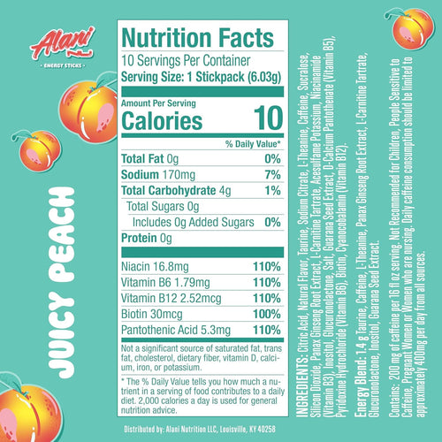 (12 pack) Alani Nu Energy Sticks, Juicy Peach, 10 Count, 200mg Caffeine, Zero Sugar