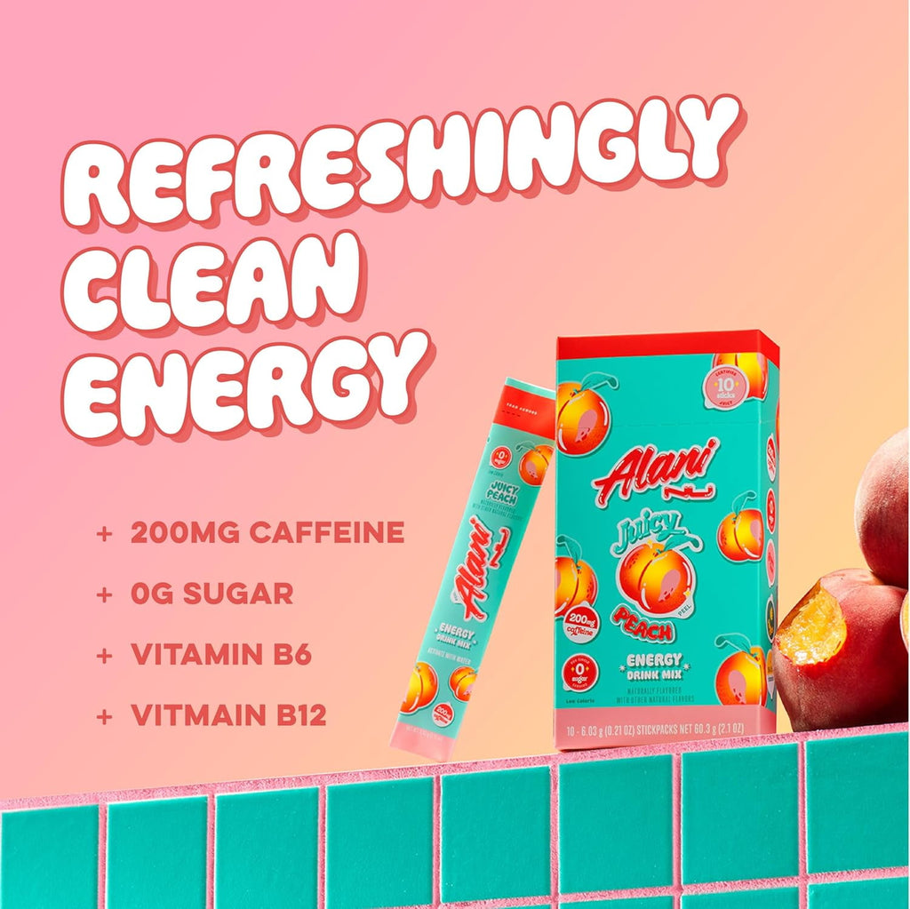 (12 pack) Alani Nu Energy Sticks, Juicy Peach, 10 Count, 200mg Caffeine, Zero Sugar
