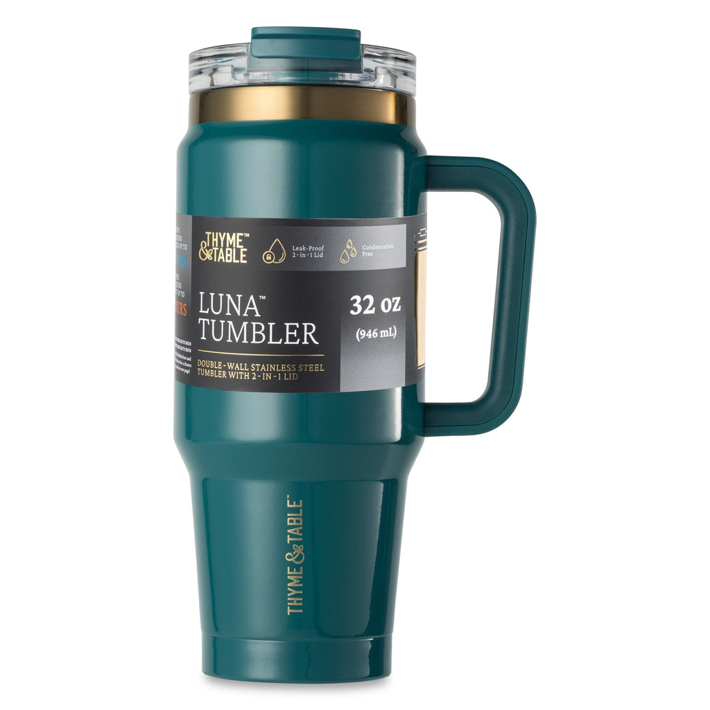 Thyme &amp; Table 32 fl oz Stainless Steel Luna Tumbler with Handle and Dual Straw Lid, Cream &amp; Black Check
