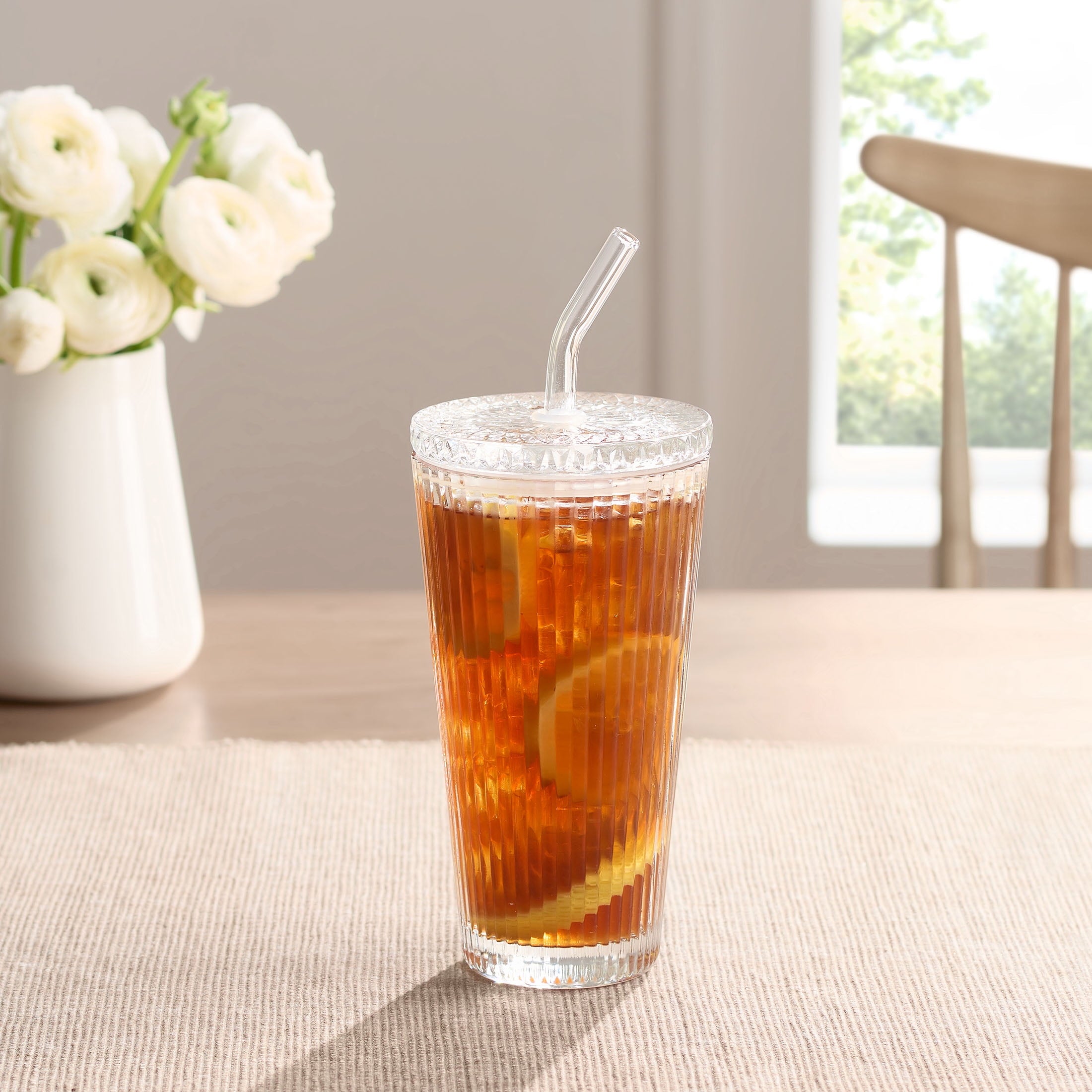 Better Homes &amp; Gardens Glass 21oz Tumbler Ribbed with Glass Lid and Straw