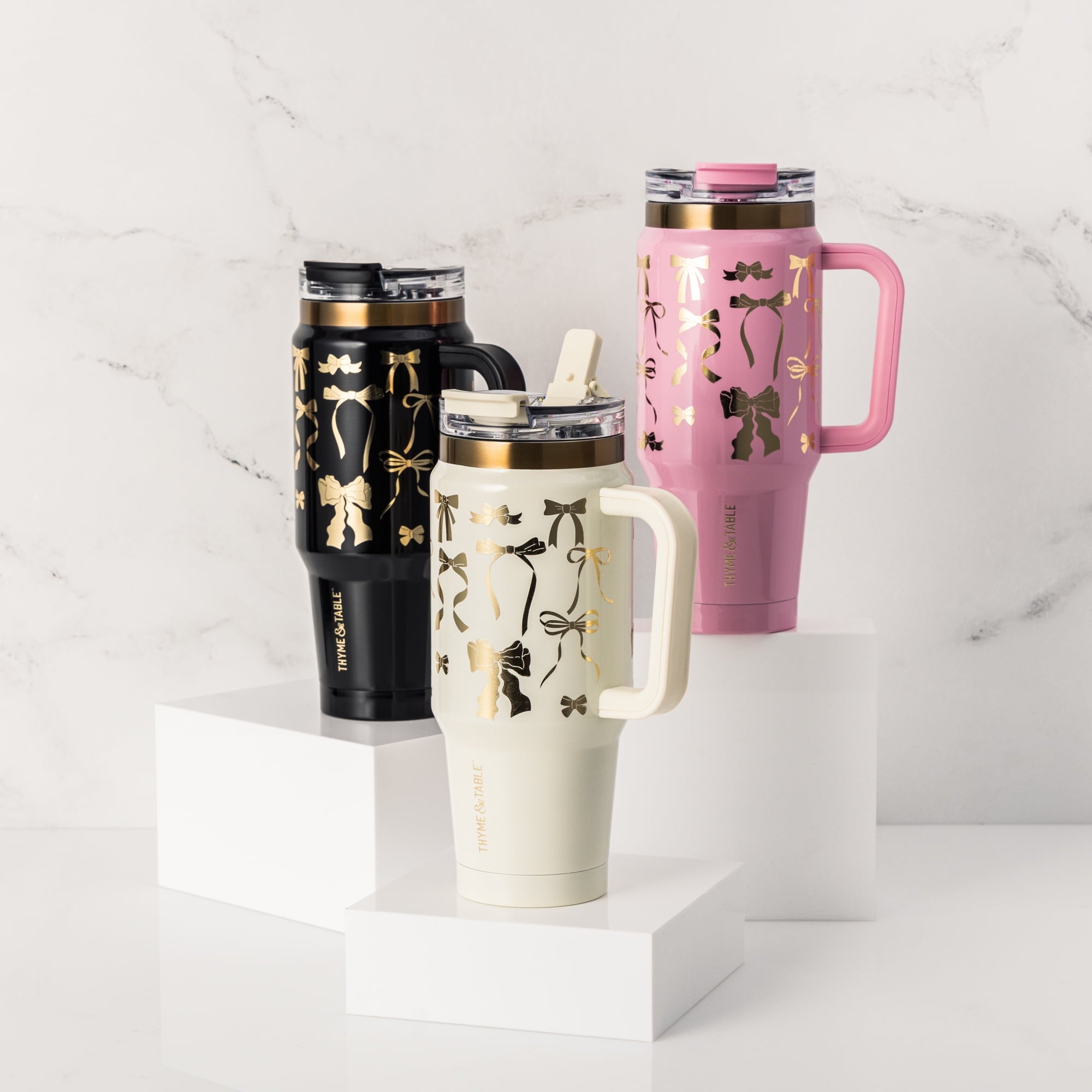 Thyme &amp; Table 32 fl oz Stainless Steel Luna Tumbler with Handle and Dual Straw Lid, Cream &amp; Black Check