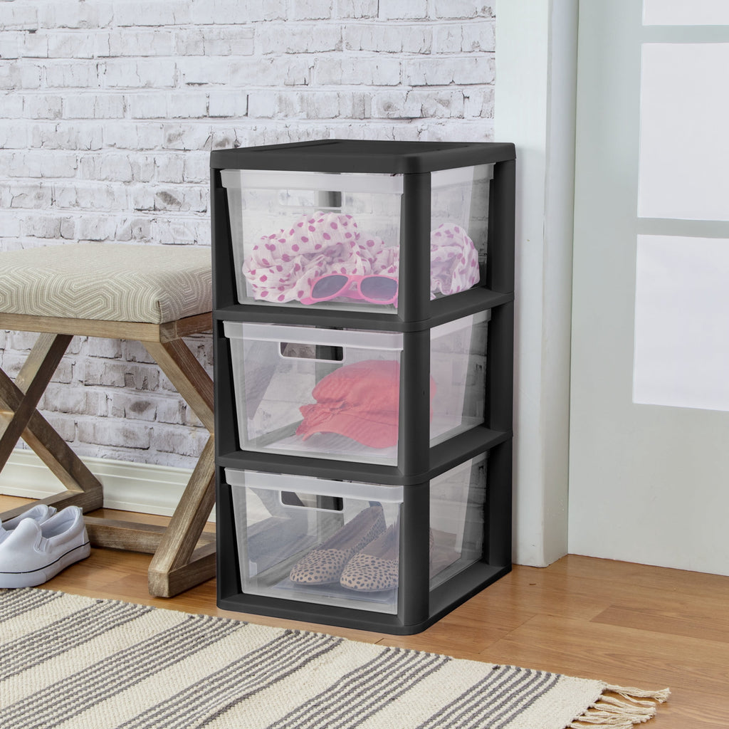 Medium 3 Drawer Tower, with Removable Clear Plastic Storage Bins, Tool-Free, Black