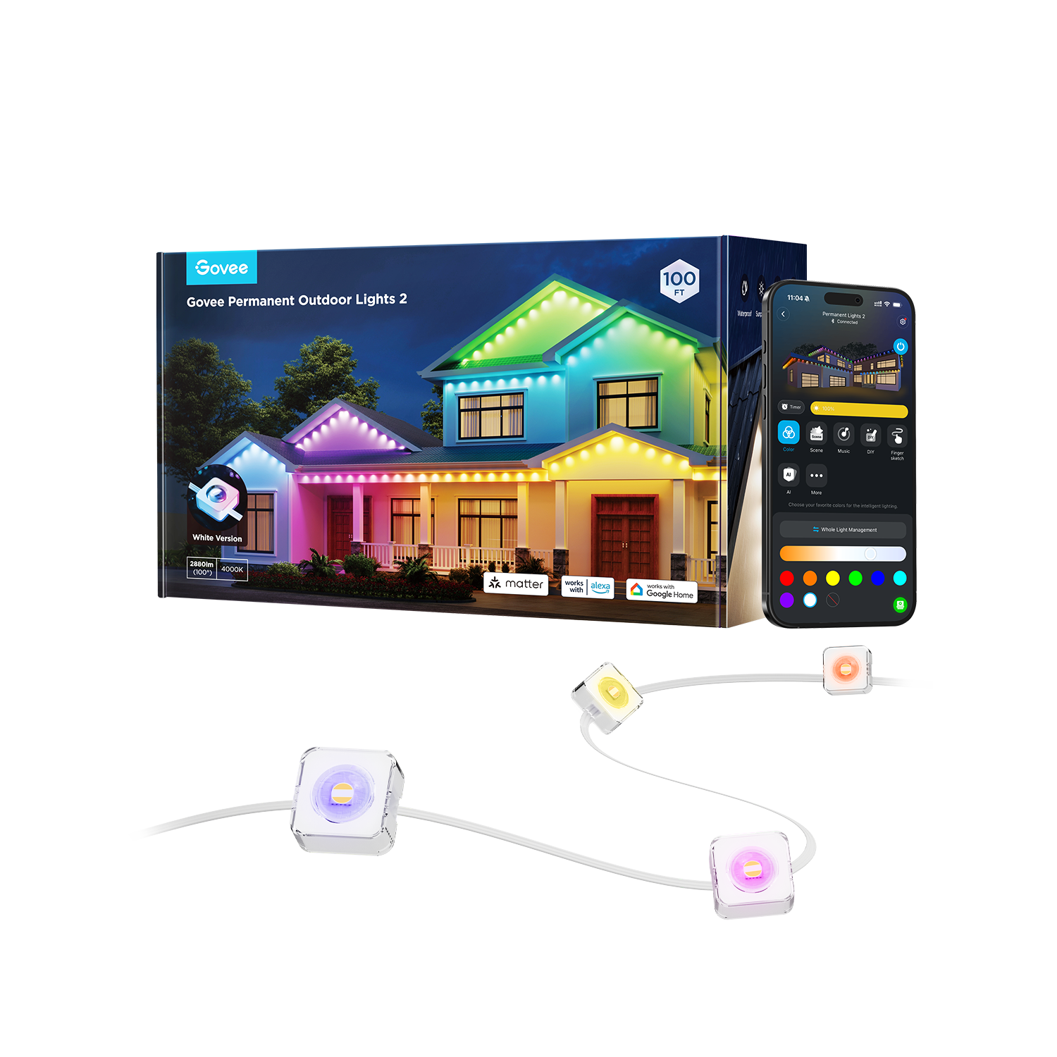 Outdoor Permanent Lights 2 (Elite), Smart Outdoor String Lights for House, H805AA01,RGBIC Smart Outside Lights with 65 Scene Modes,IP67 Waterproof, 100ft for Christmas, Holiday Decorations