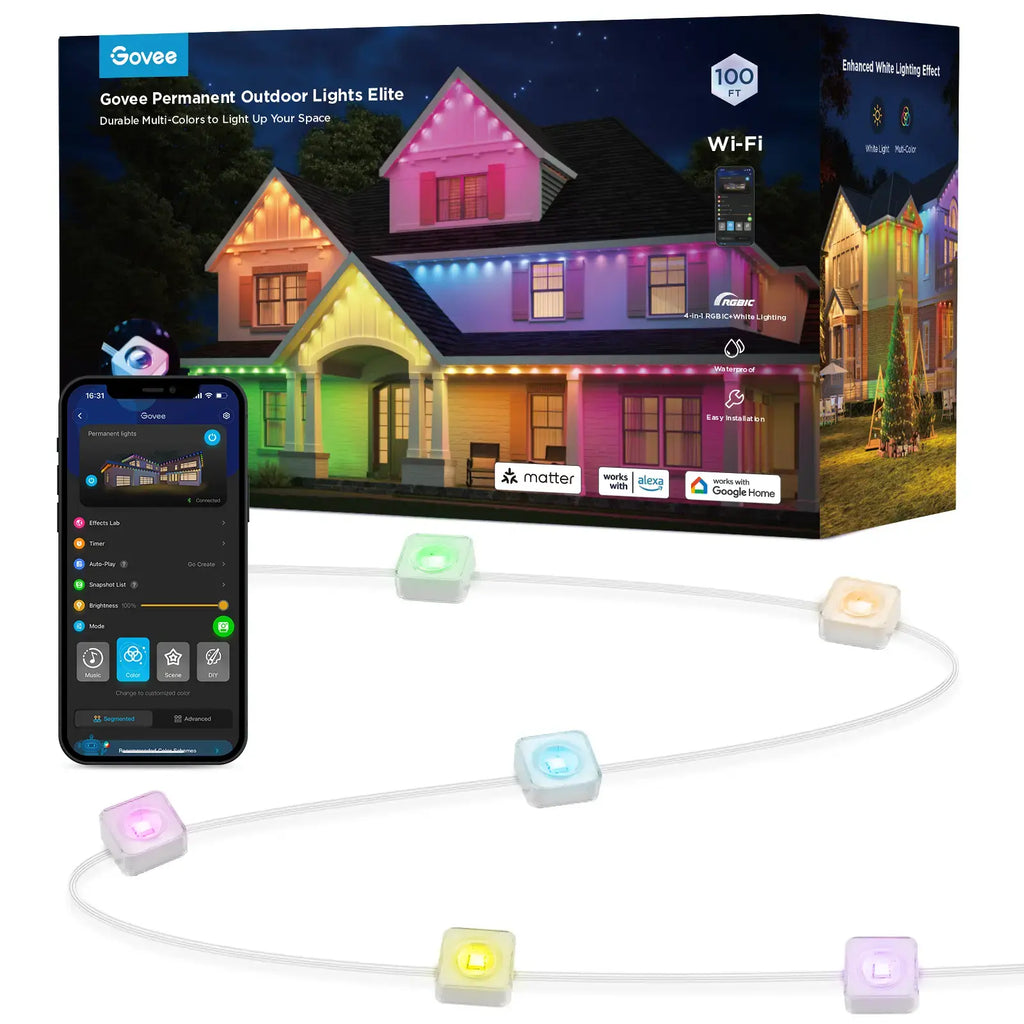 Outdoor Permanent Lights 2 (Elite), Smart Outdoor String Lights for House, H805AA01,RGBIC Smart Outside Lights with 65 Scene Modes,IP67 Waterproof, 100ft for Christmas, Holiday Decorations
