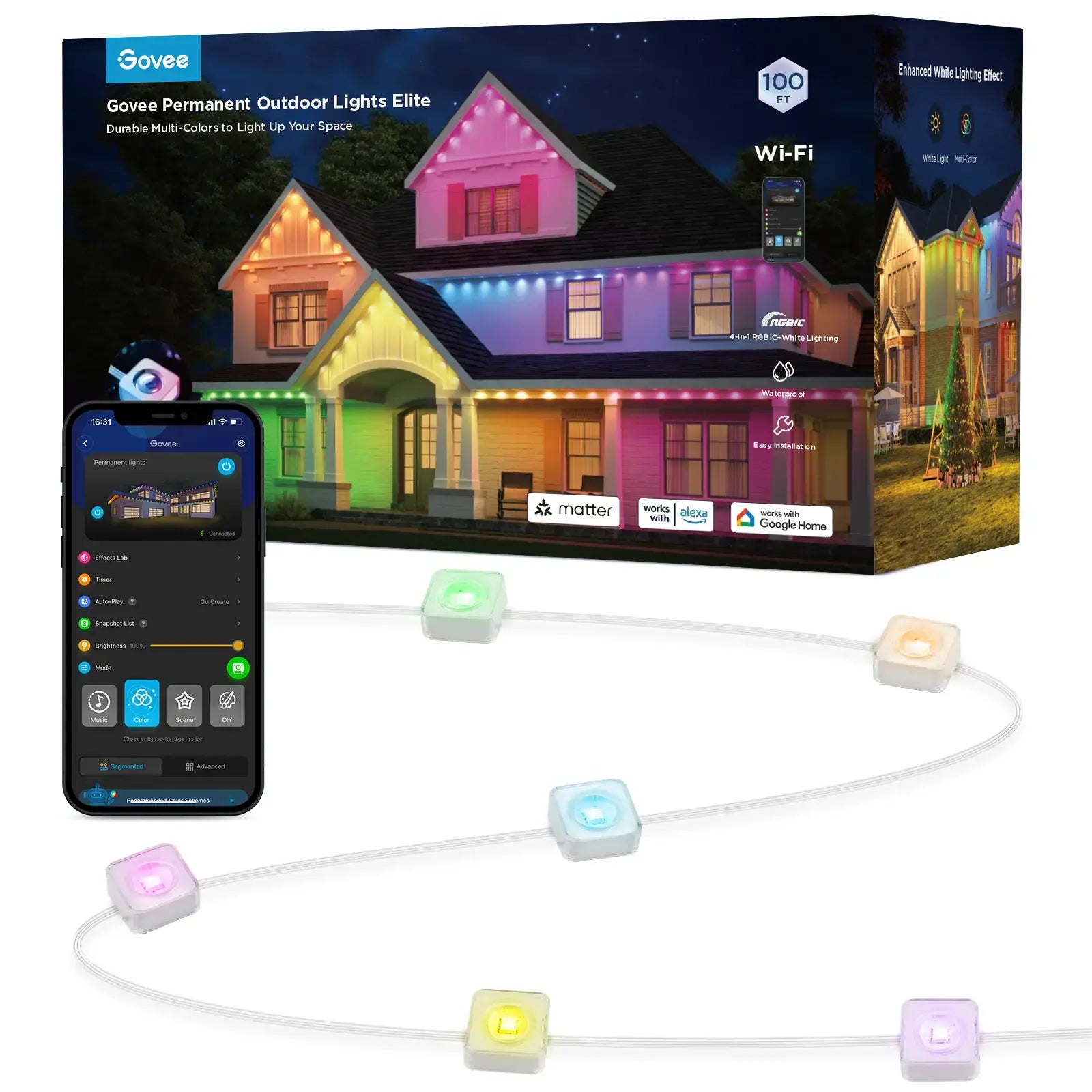 Outdoor Permanent Lights 2 (Elite), Smart Outdoor String Lights for House, H805AA01,RGBIC Smart Outside Lights with 65 Scene Modes,IP67 Waterproof, 100ft for Christmas, Holiday Decorations