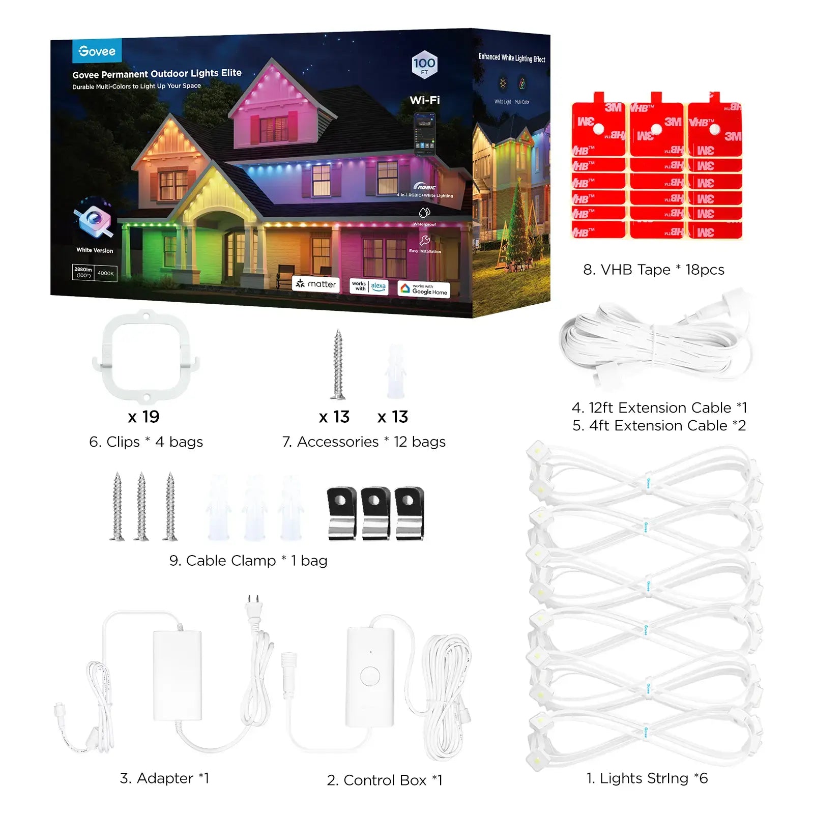 Outdoor Permanent Lights 2 (Elite), Smart Outdoor String Lights for House, H805AA01,RGBIC Smart Outside Lights with 65 Scene Modes,IP67 Waterproof, 100ft for Christmas, Holiday Decorations