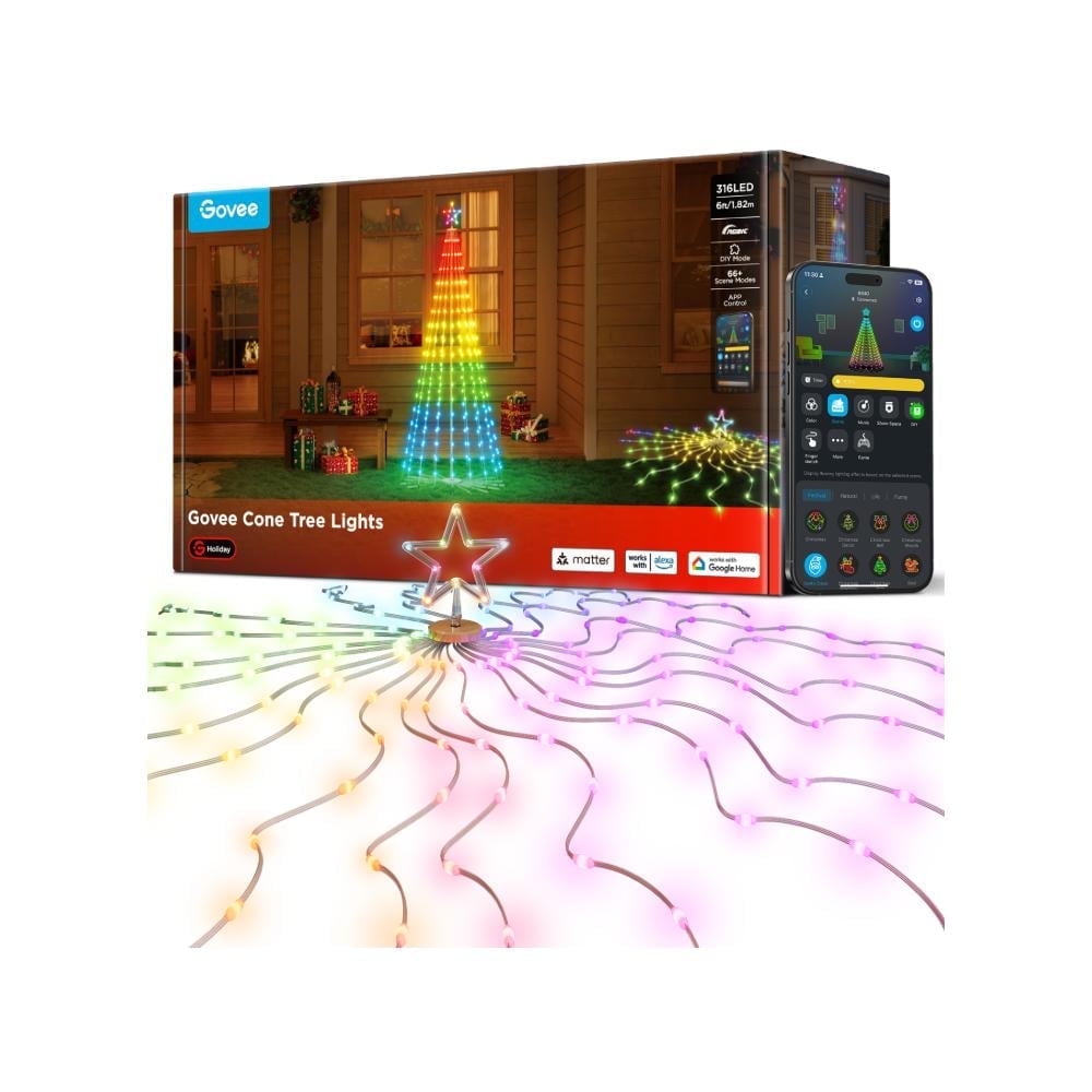 Christmas Cone Tree Lights 6ft with 66 Scene Modes, White, IP65 Waterproof for Indoor Outdoor Xmas Decor, Remote Control, Dimmable