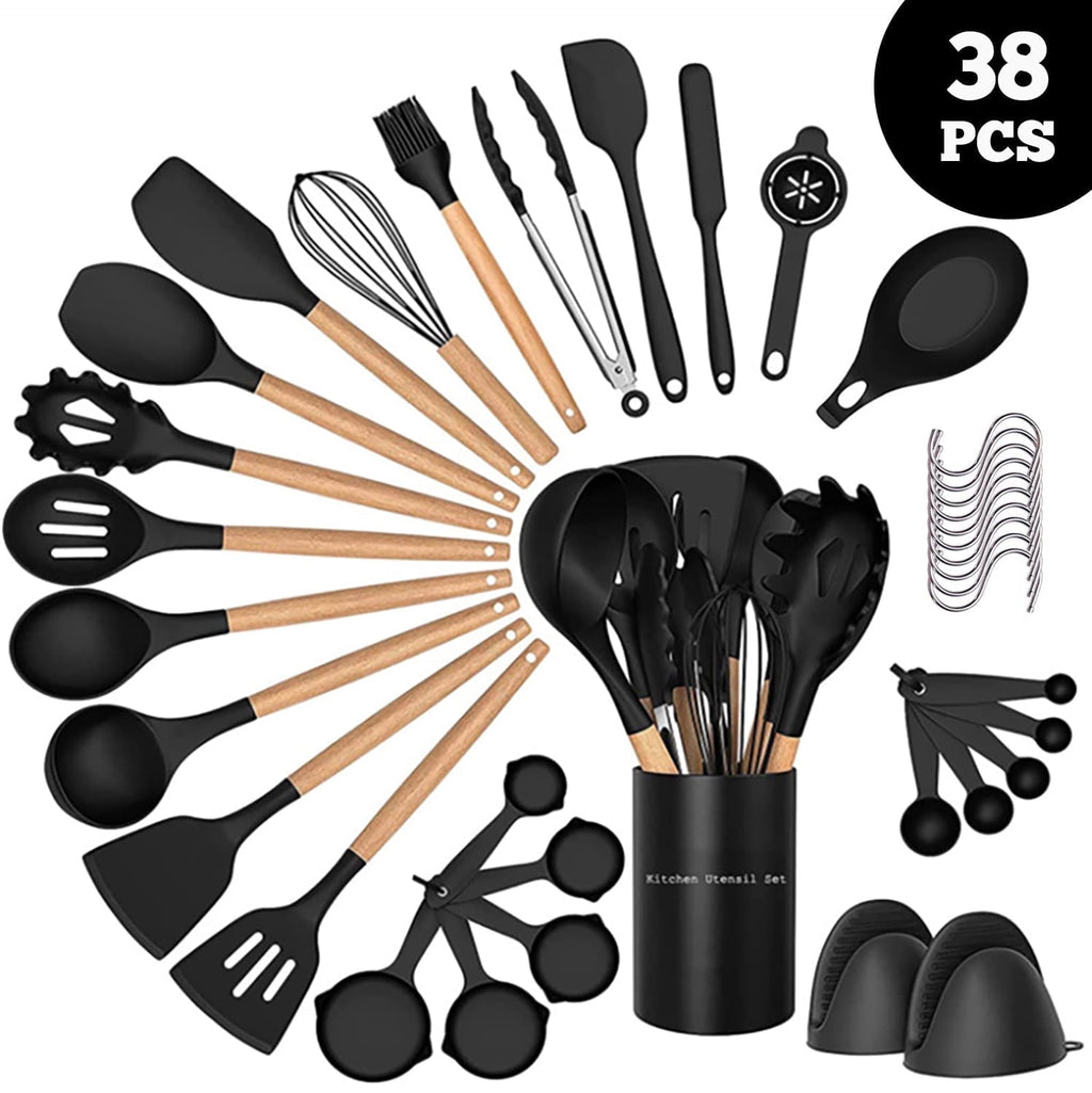 38 Pcs Silicone Cooking Utensils Kitchen Utensil Set - 446°F ,Turner Tongs,Spatula,Spoon,Brush,Whisk. Wooden Handles Kitchen Gadgets Tools Set for Non-Stick Cookware (BPA Free).