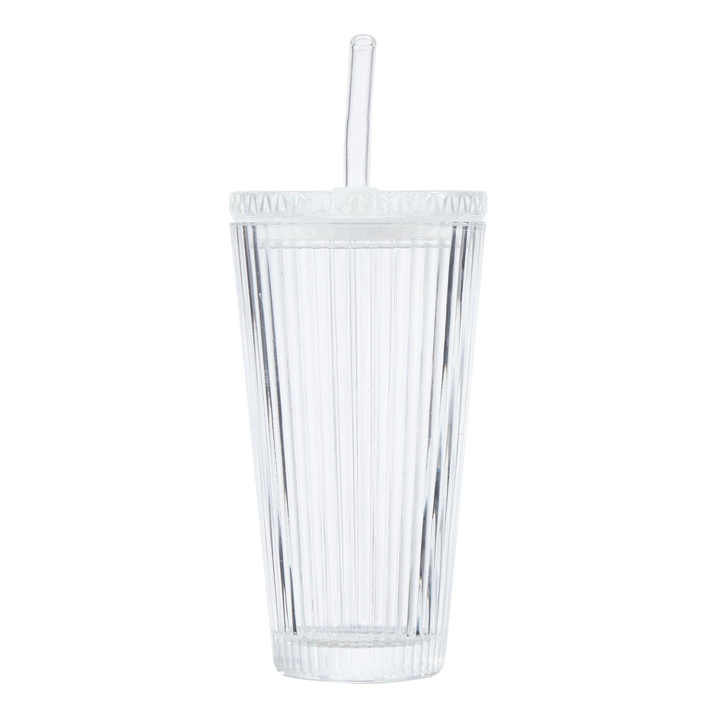 Better Homes &amp; Gardens Glass 21oz Tumbler Ribbed with Glass Lid and Straw