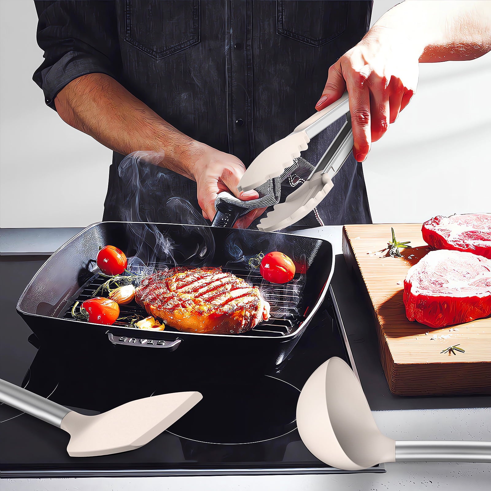 Silicone Cooking Utensils Set - Silicone Kitchen Utensils for Cooking, Kitchen Utensil Spatula Set,BPA FREE Kitchen Gadgets Tools for Non-Stick Cookware (Khaki)
