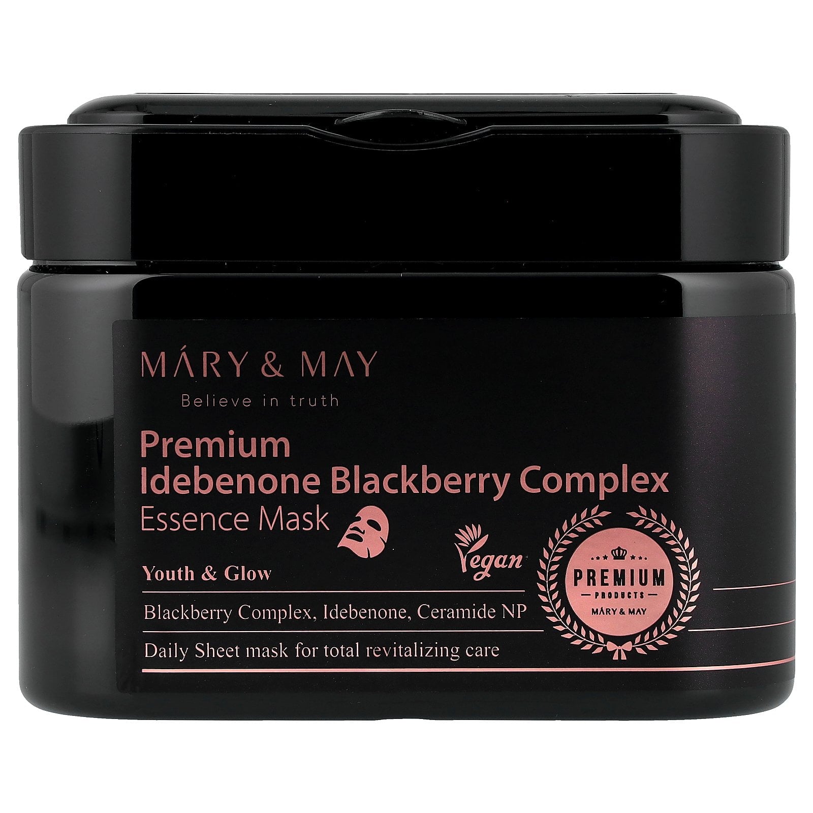 Mary &amp; May Premium Idebenone Blackberry Complex, Essence Beauty Mask, 20 Sheets, 8.81 oz (250 g)