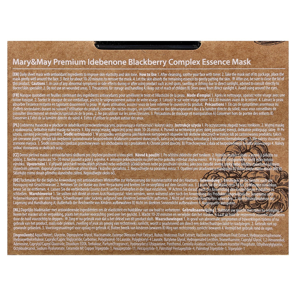 Mary &amp; May Premium Idebenone Blackberry Complex, Essence Beauty Mask, 20 Sheets, 8.81 oz (250 g)