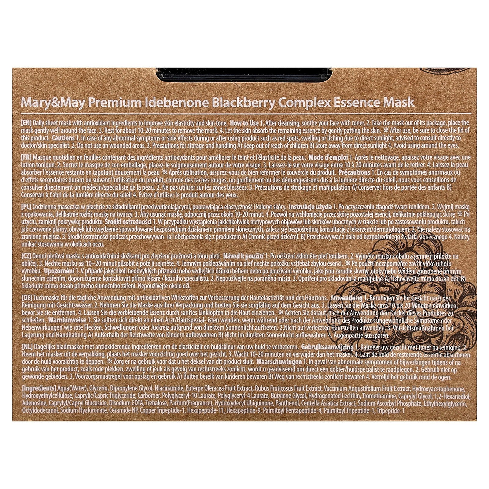 Mary &amp; May Premium Idebenone Blackberry Complex, Essence Beauty Mask, 20 Sheets, 8.81 oz (250 g)