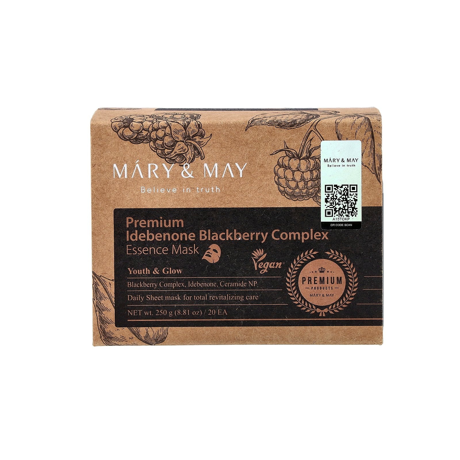 Mary &amp; May Premium Idebenone Blackberry Complex, Essence Beauty Mask, 20 Sheets, 8.81 oz (250 g)