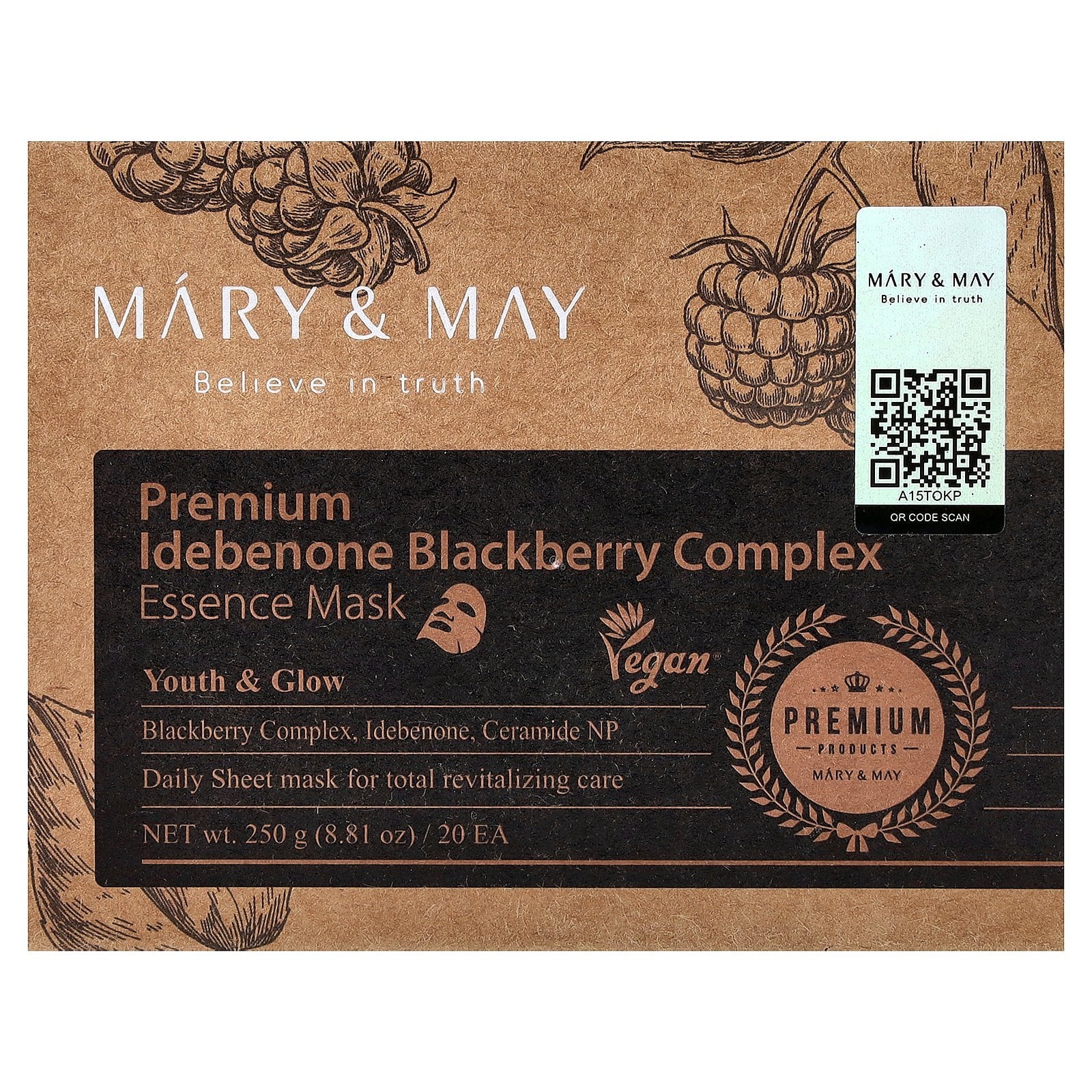Mary &amp; May Premium Idebenone Blackberry Complex, Essence Beauty Mask, 20 Sheets, 8.81 oz (250 g)