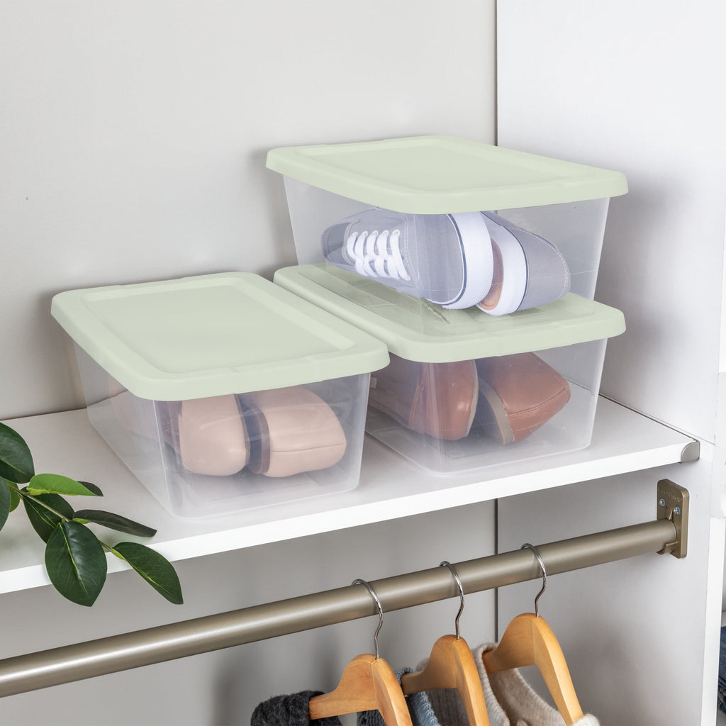 Set of (10) 6 Quart Storage Boxes, Clear Plastic Storage Bin with Snap-on Lid, Light Green