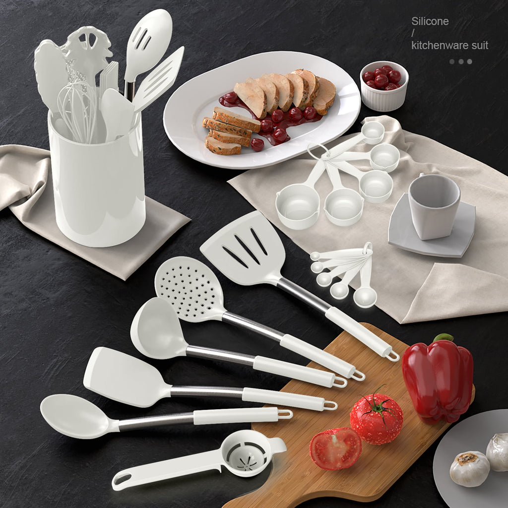 Large Silicone Cooking Utensils Set - Kitchen Utensils,Turner Tongs,Spatula,Spoon,Brush,Whisk,Stainless Steel Silicone Cooking Tool for Nonstick Cookware, (Khaki)