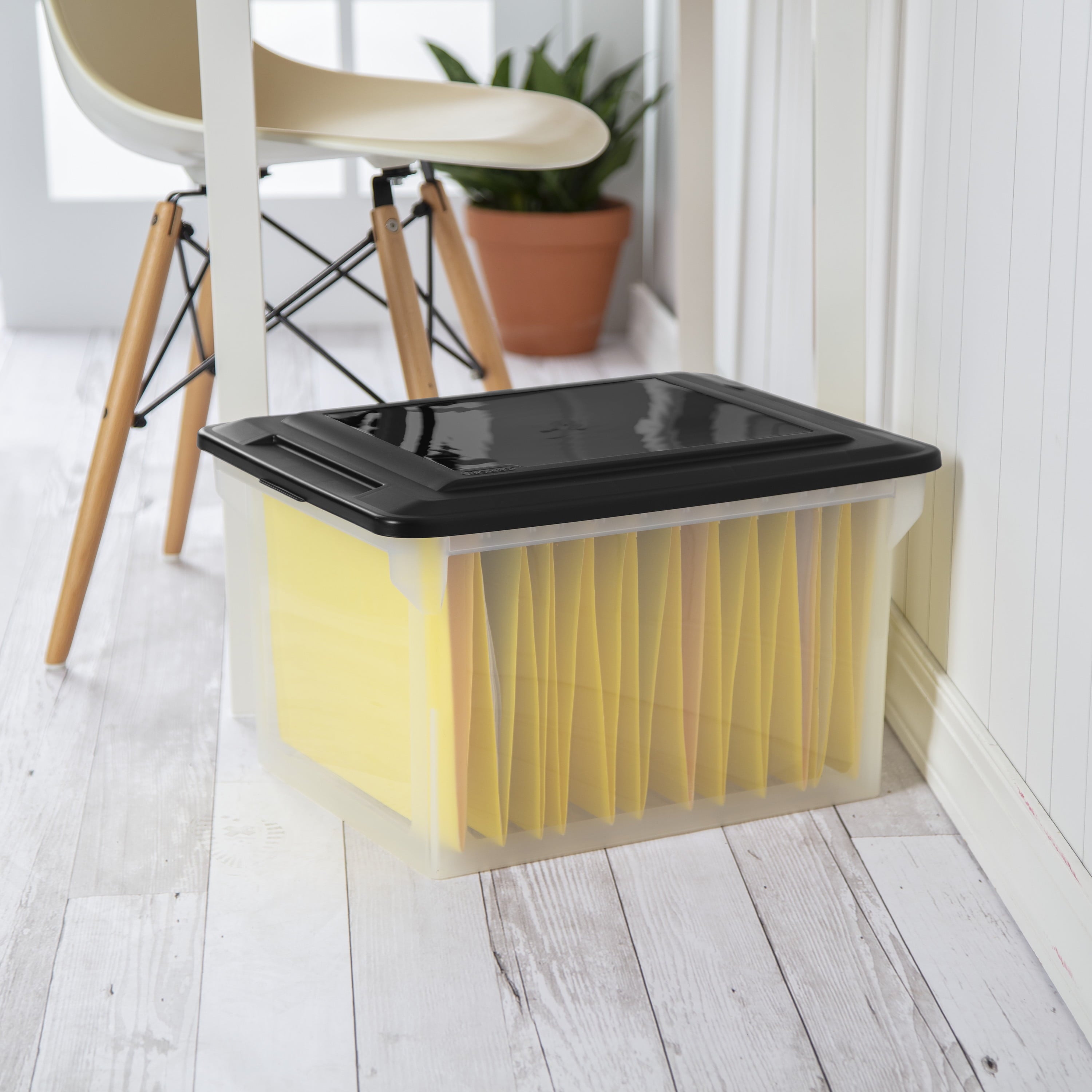 File Box, Clear Plastic Bin with Black Lid, Letter or Legal-Sized File Storage