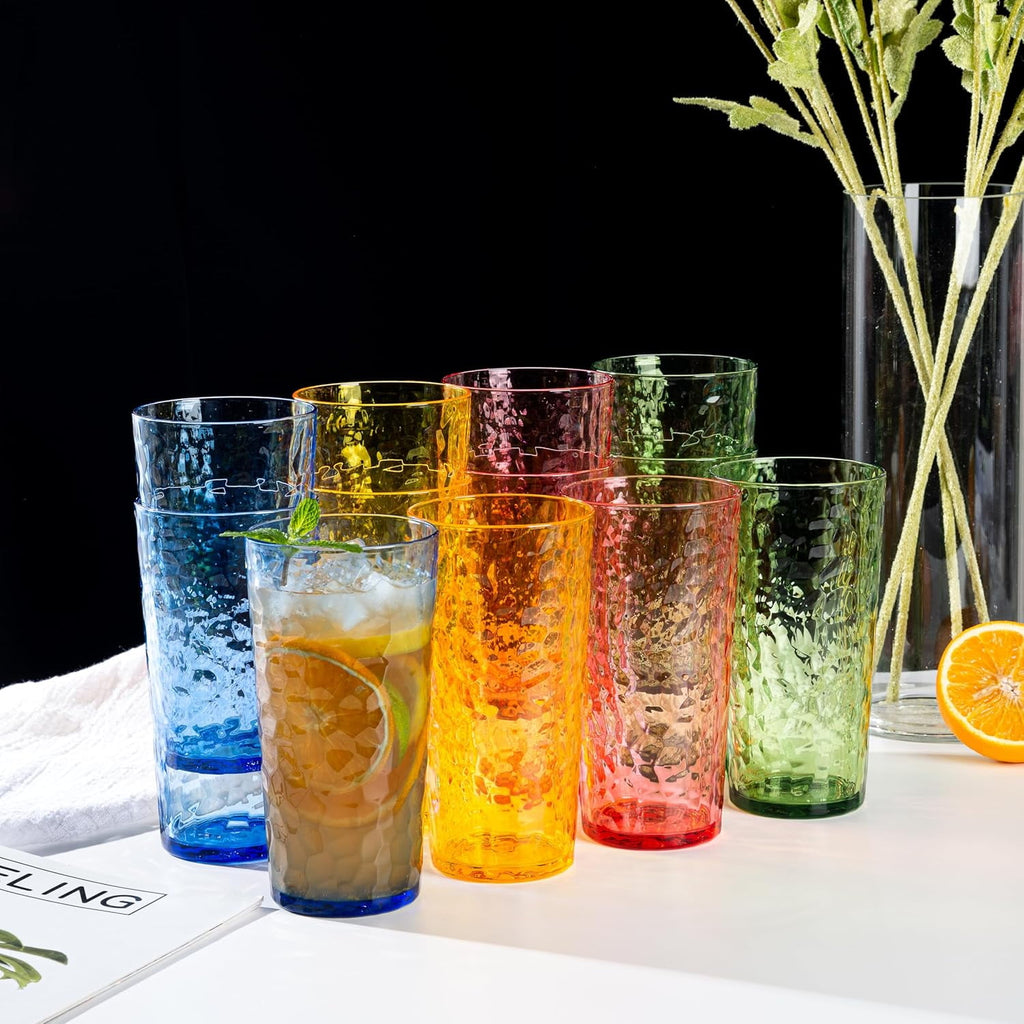 Hammered 24 ounce Plastic Drinking Tumbler Acrylic Glasses, Set of 8 Multicolor