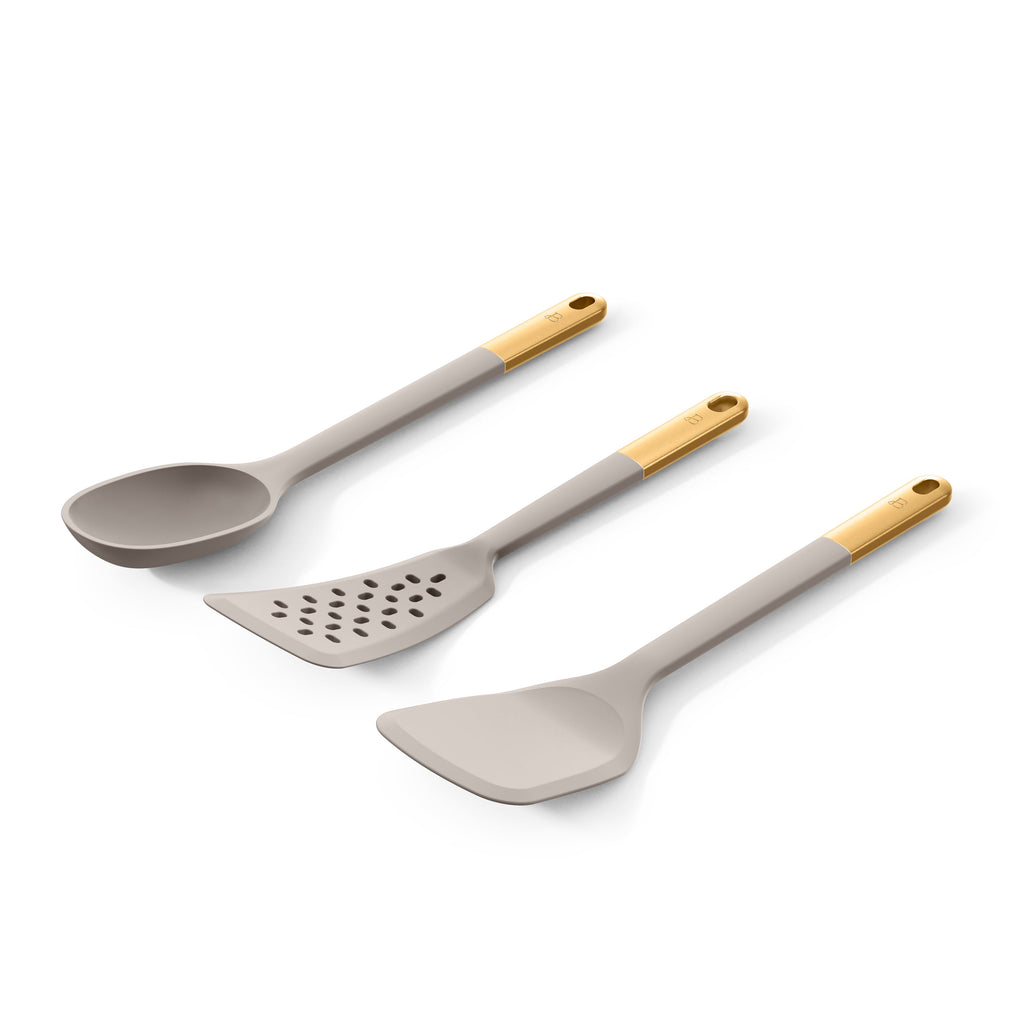 3-Piece Silicone Kitchen Utensil Tool Set, Porcini Taupe by Drew Barrymore