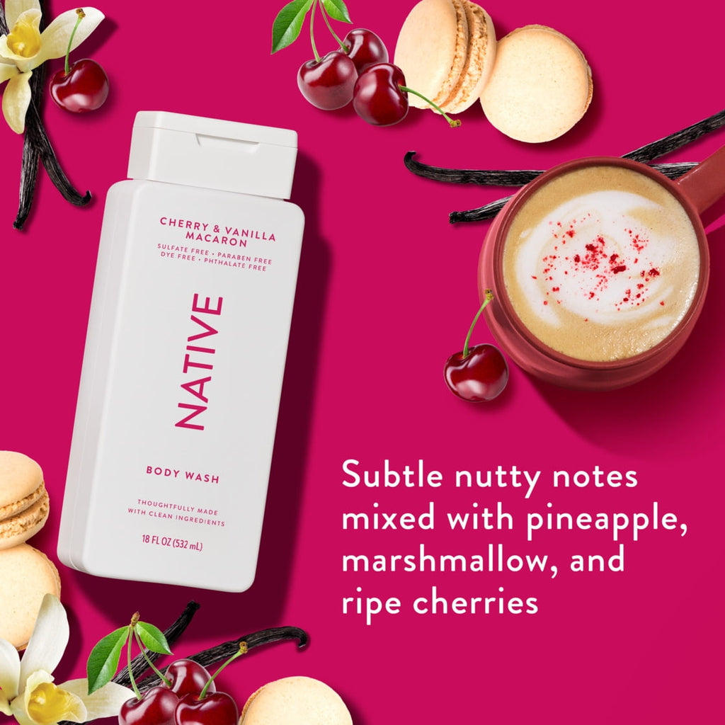 Body Wash, Cherry &amp; Vanilla Macaron, Sulfate Free, Naturally Derived Ingredients, 24hr Freshness, for Women &amp; Men, 18 fl oz