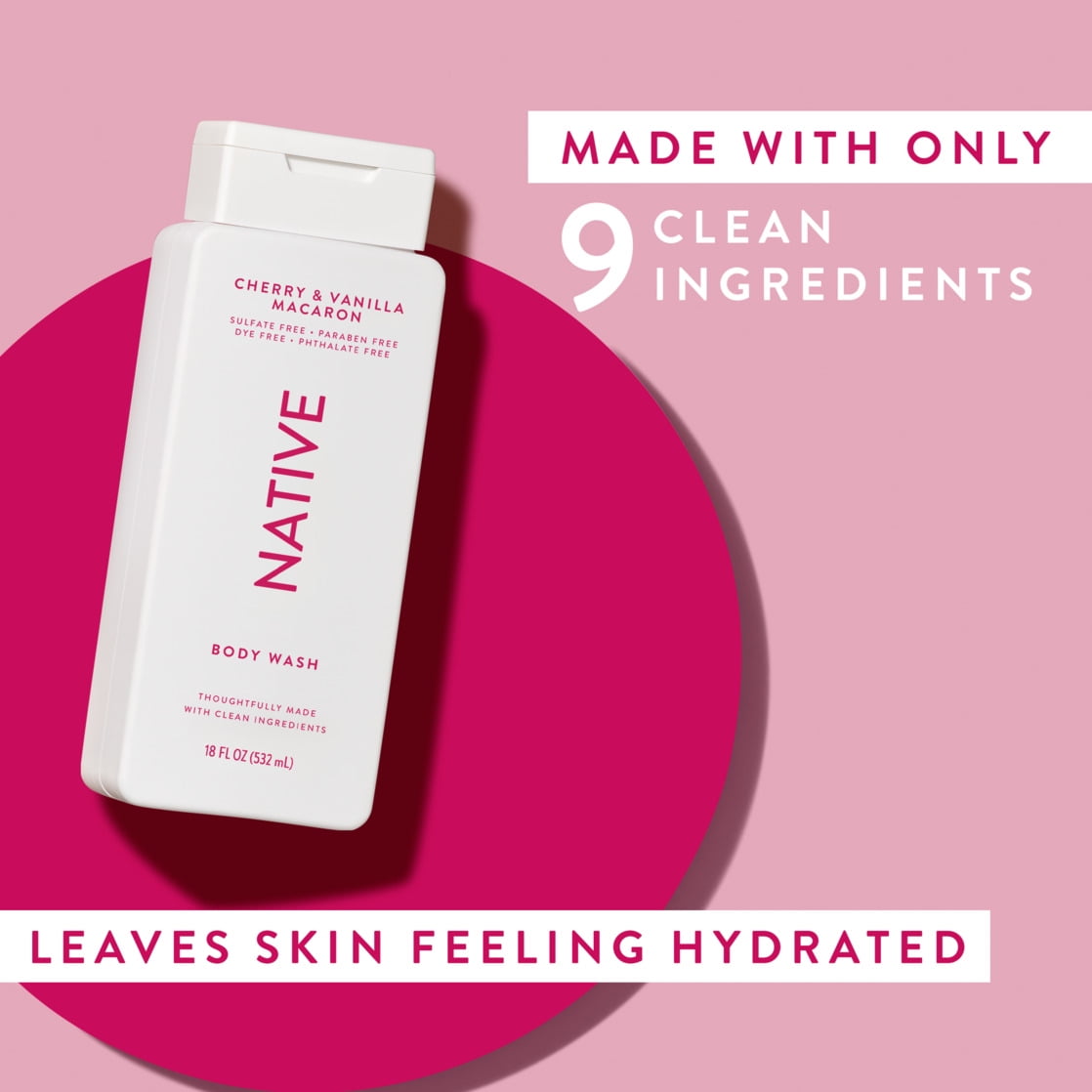 Body Wash, Cherry &amp; Vanilla Macaron, Sulfate Free, Naturally Derived Ingredients, 24hr Freshness, for Women &amp; Men, 18 fl oz