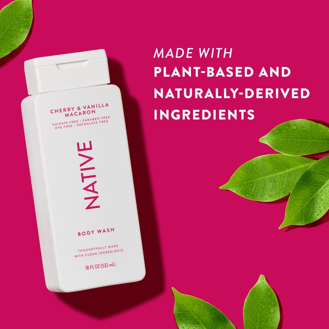 Body Wash, Cherry &amp; Vanilla Macaron, Sulfate Free, Naturally Derived Ingredients, 24hr Freshness, for Women &amp; Men, 18 fl oz