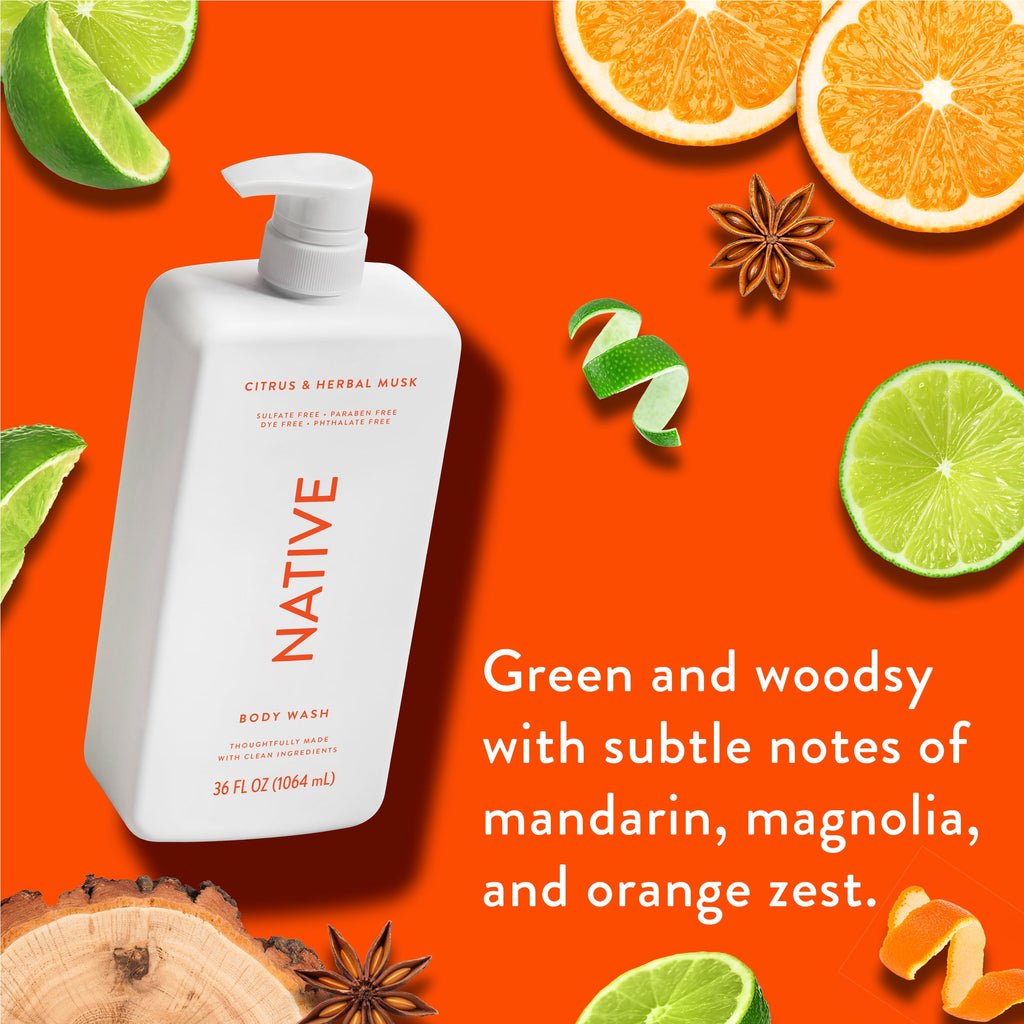 Body Wash, Citrus &amp; Herbal Musk, Sulfate Free, Naturally Derived Ingredients, 24hr Freshness, for Women &amp; Men, 36 fl oz