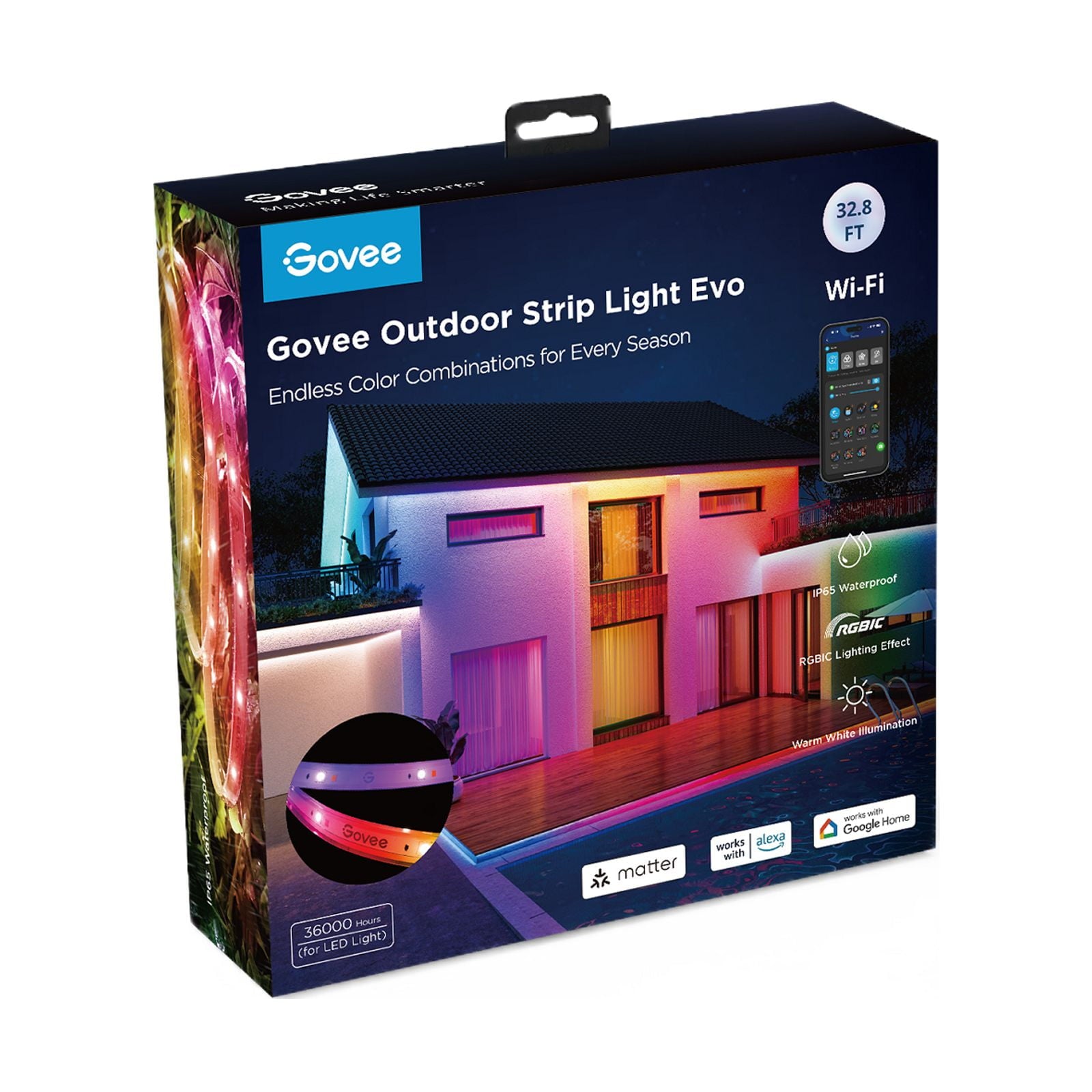 32.8ft Smart Outdoor LED Strip Light, RGBIC Color-Changing Light, IP65 Waterproof, Wifi + Bluetooth Control, Patio &amp; Garden Lighting