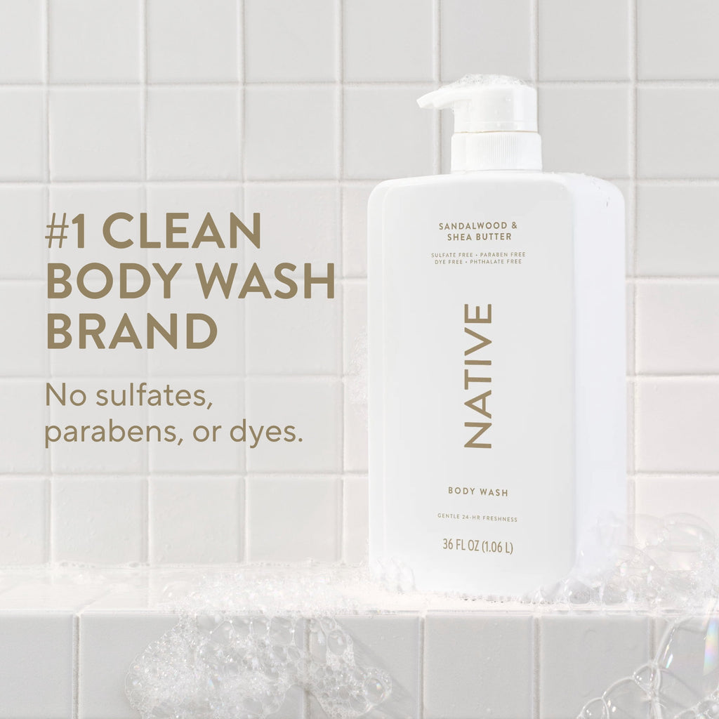Body Wash, Sandalwood &amp; Shea Butter, Sulfate Free, Naturally Derived Ingredients, 24hr Freshness, for Women &amp; Men, 36 fl oz