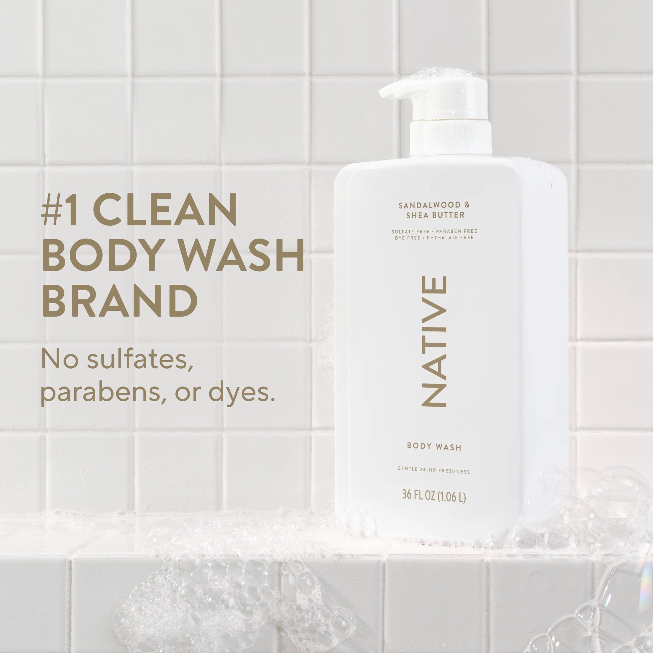 Body Wash, Sandalwood &amp; Shea Butter, Sulfate Free, Naturally Derived Ingredients, 24hr Freshness, for Women &amp; Men, 36 fl oz